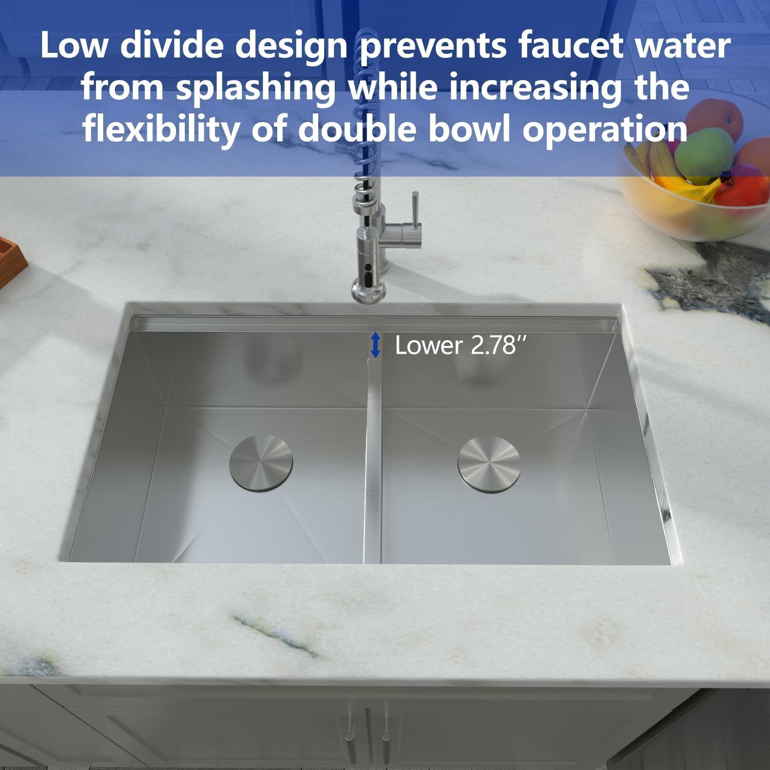 Dcolora 33 In. Double Bowl Kitchen Sink Undermount Sink Workstation Stainless Steel 50/50 Split Low Divided 16 Gauge Under Counter Basin, 33'x19'x10',DC-U-1111