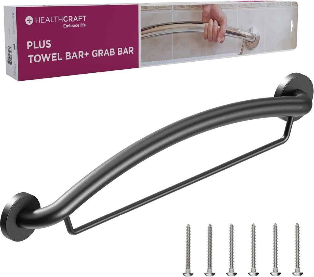 HEALTHCRAFT Plus Towel Bar & Grab Bar 24', ADA Safety - Matte Black, 500 Lbs