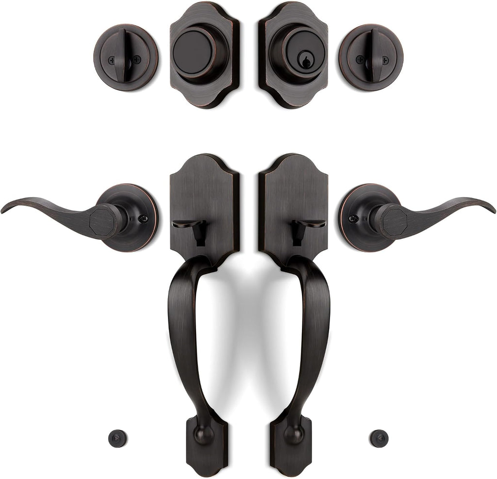 Double Front Door Handle Set with Dummy and Deadbolt, Entry Front Door Lock Set with Classic Half Grip Curved Door Handle for Exterior Doors or Office, Oil Rubbed Bronze