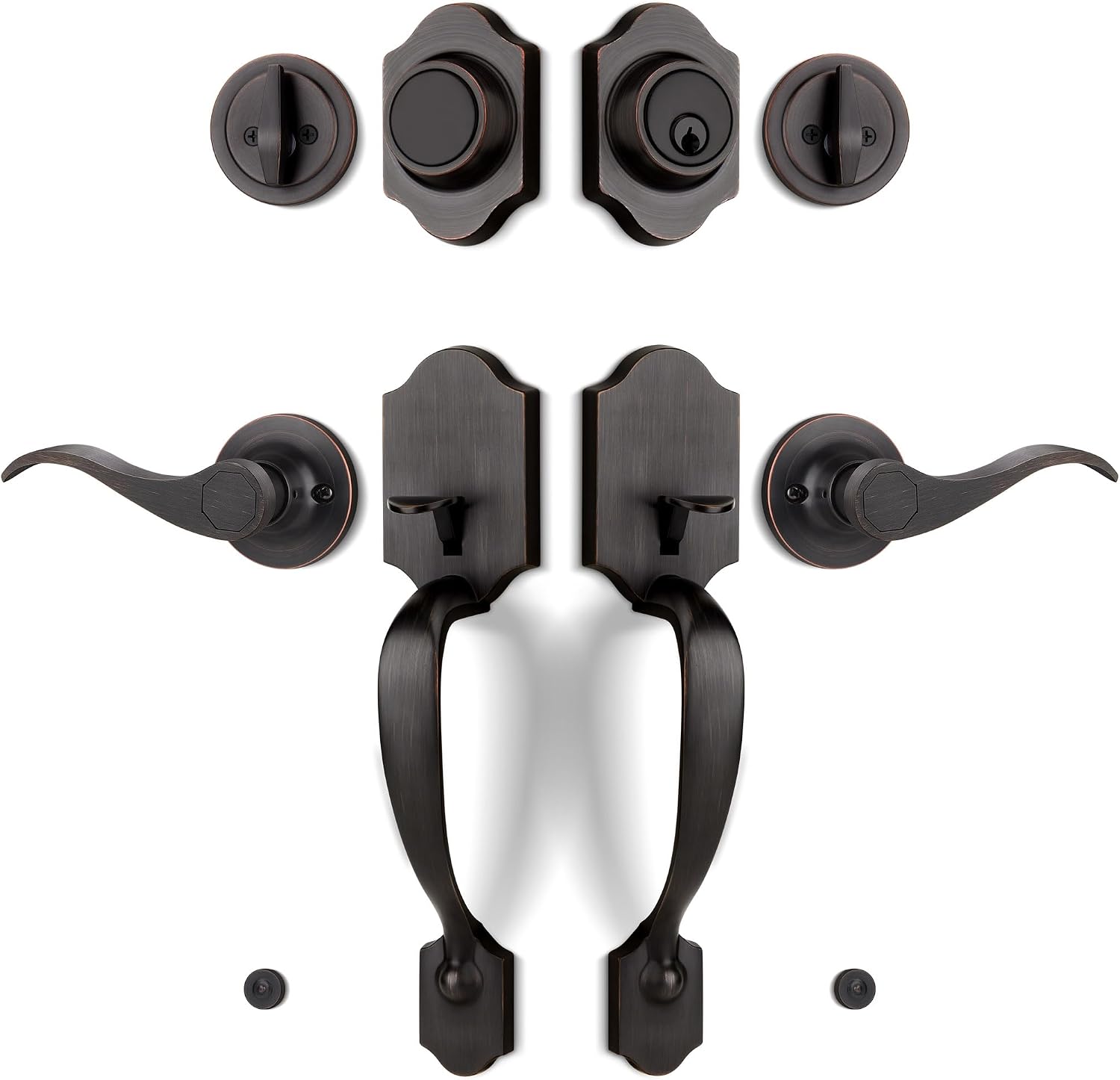Double Front Door Handle Set with Dummy and Deadbolt, Entry Front Door Lock Set with Classic Half Grip Curved Door Handle for Exterior Doors or Office, Oil Rubbed Bronze