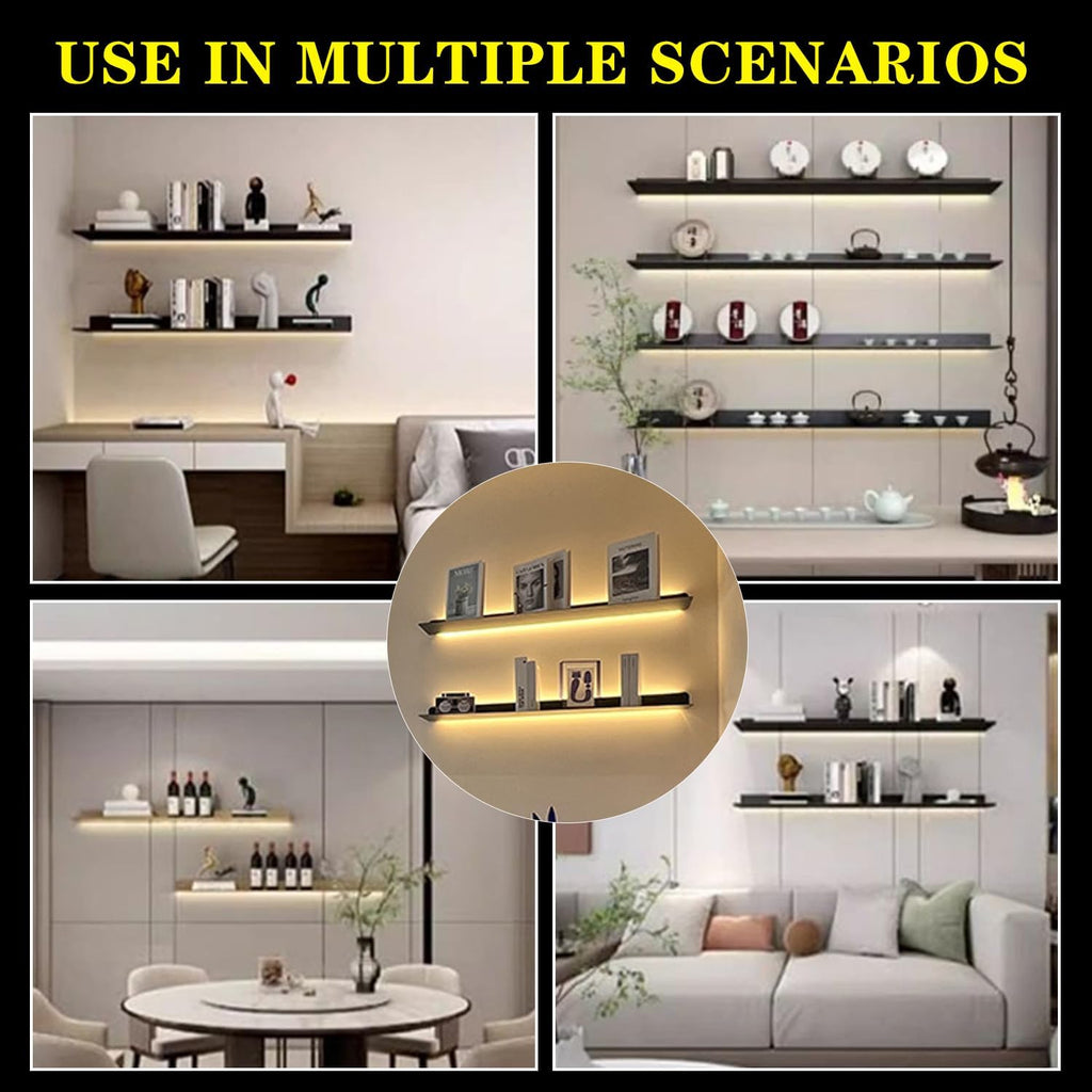 Corner Ledge Wall Shelf,Versatile Black Floating Wall Shelves with LED Lights, 2PCS, Metal Wall Mounted Large Bookshelf, Wall Storage Shelf for Home Decor, Hanging Lighted Display for Bar Ba