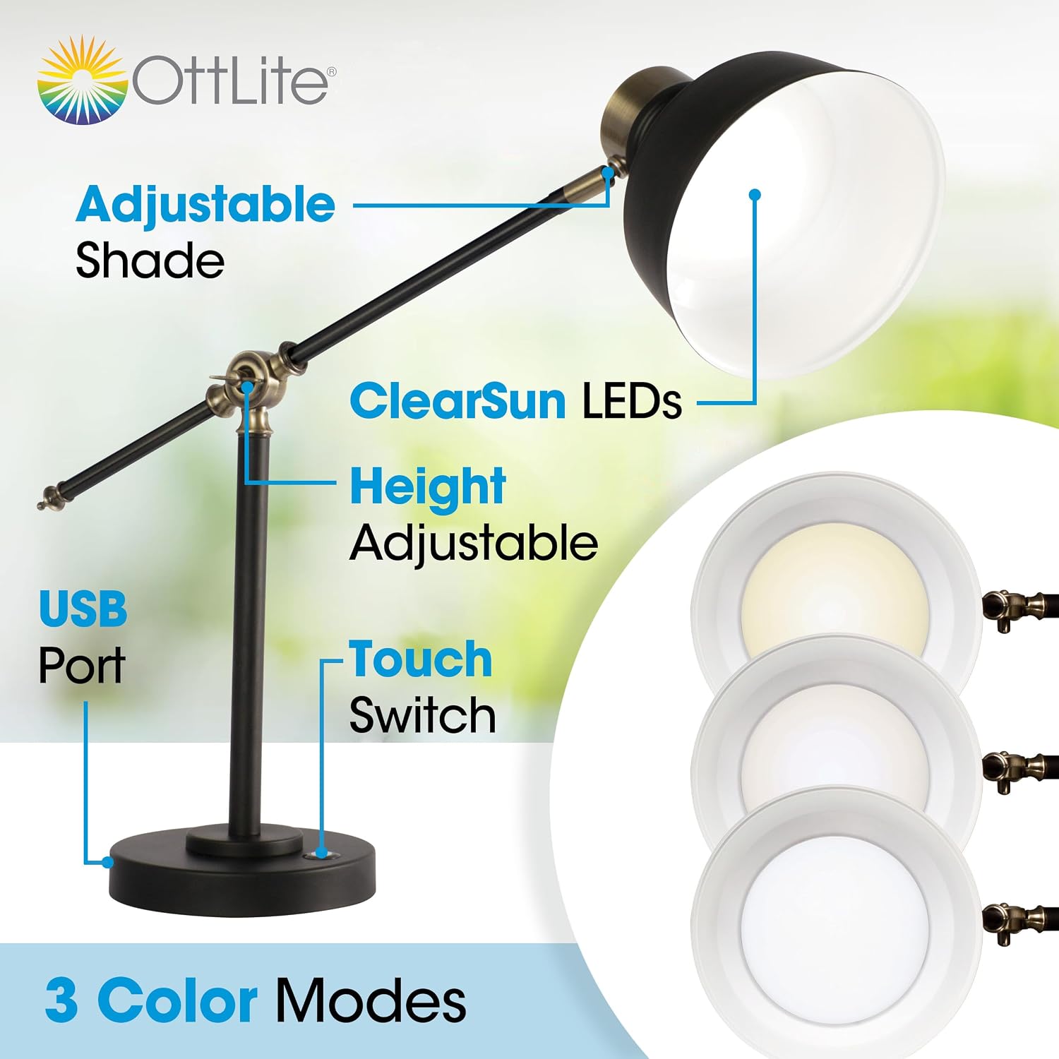 OttLite Balance LED Desk Lamp with USB Port - Modern, Adjustable, Desk Light