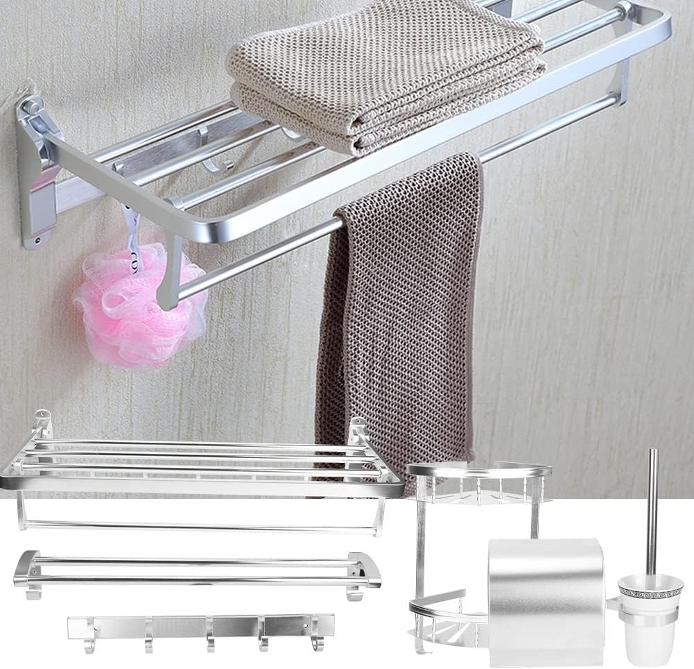 Floating Shelves Shower Caddy Bathroom Shelf Wall Mounted Bathroom Storage Shelf Set Triangle Corner Bracket Towel Bar Rack Roller Paper Holder Tissue Box Toilet Brush
