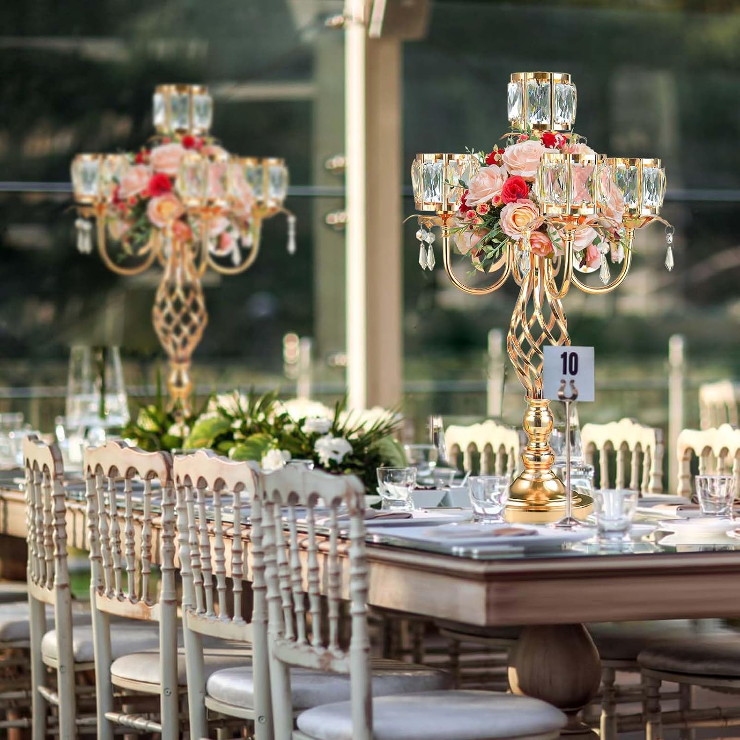 23.2 inch Tall Elegant and Chic 5 Arm Pendant Crystal Candlestick Holder Table Decoration tealight Candle Holder, Candelabra for Gorgeous Wedding/Parties Table Centerpiece (4, Gold)