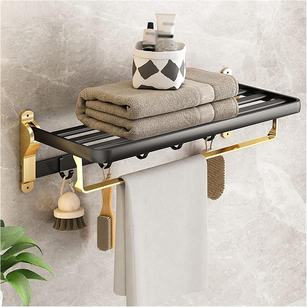 TOMYEUS Shower Caddy Bathroom Shelf Foldable Towel Bar Holder，Floating Shelves Wall Mounted，Bathroom Shelf Wall Mounted with Towel Hooks（Black Gold） Shower Organizer