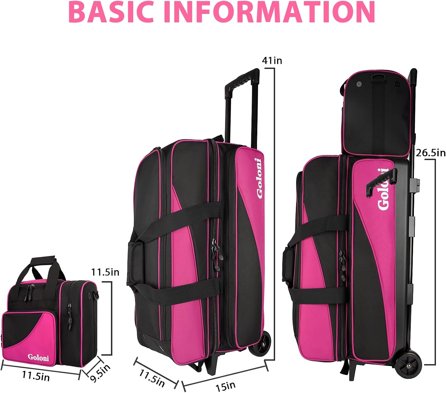 Goloni 3 Ball Bowling Bag with Wheels, Rolling Bowling Roller Bag with Retractable Handle for Balls & Bowling Accessories