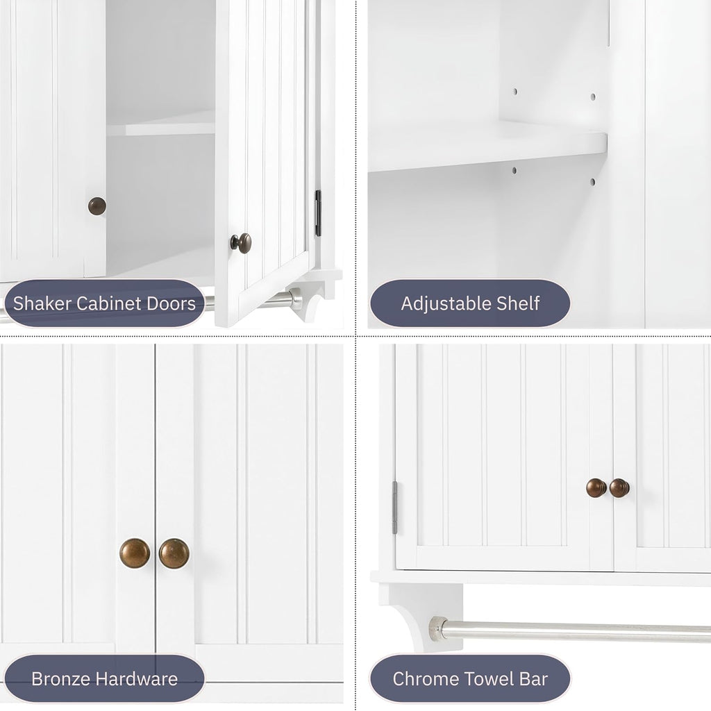 Dover 27' x 29' Wall Mounted Bathroom Storage Cabinet with Shaker Beadboard Doors, Two Adjustable Shelves and a Towel Bar – White Wall Cabinet for Bathroom, Laundry, or Entryway by Alaterre Furniture