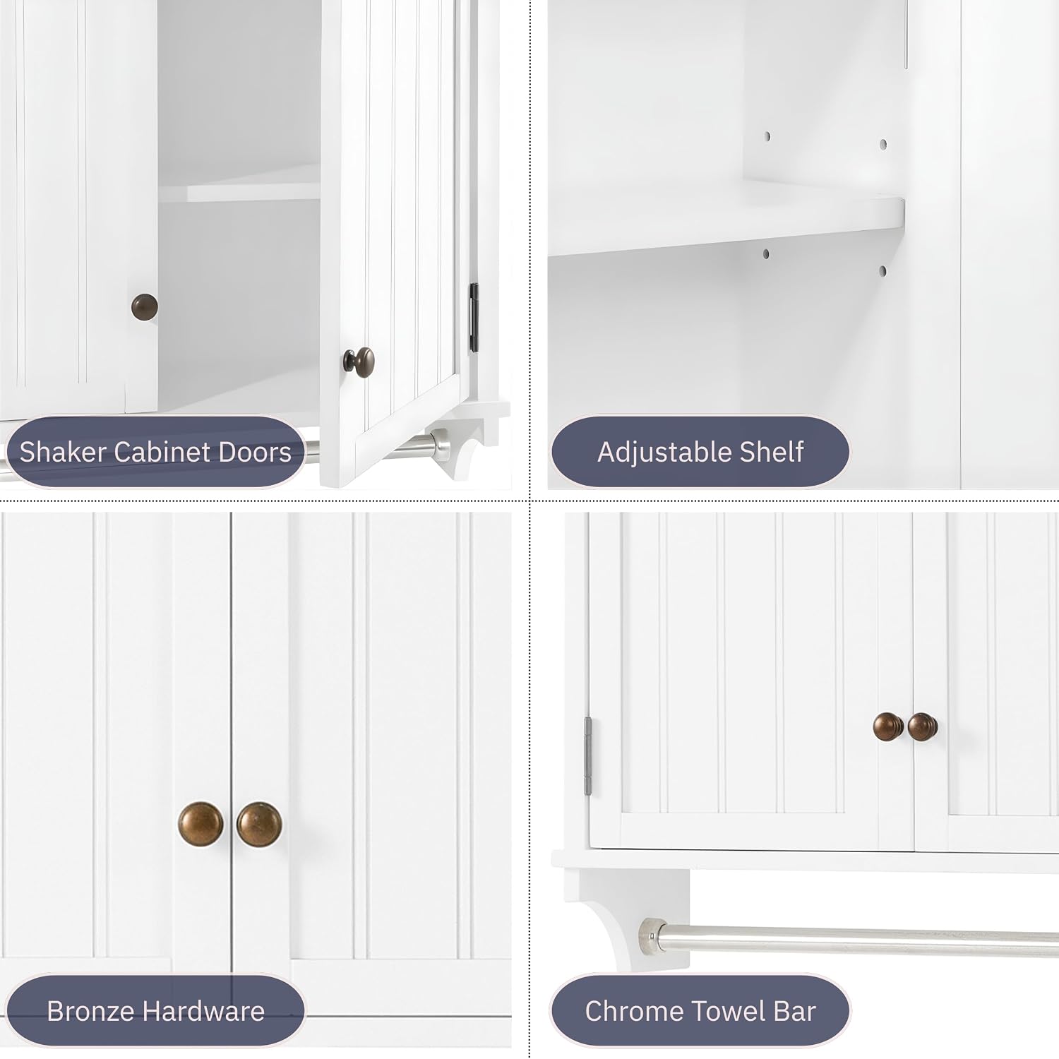 Dover 27' x 29' Wall Mounted Bathroom Storage Cabinet with Shaker Beadboard Doors, Two Adjustable Shelves and a Towel Bar – White Wall Cabinet for Bathroom, Laundry, or Entryway by Alaterre Furniture