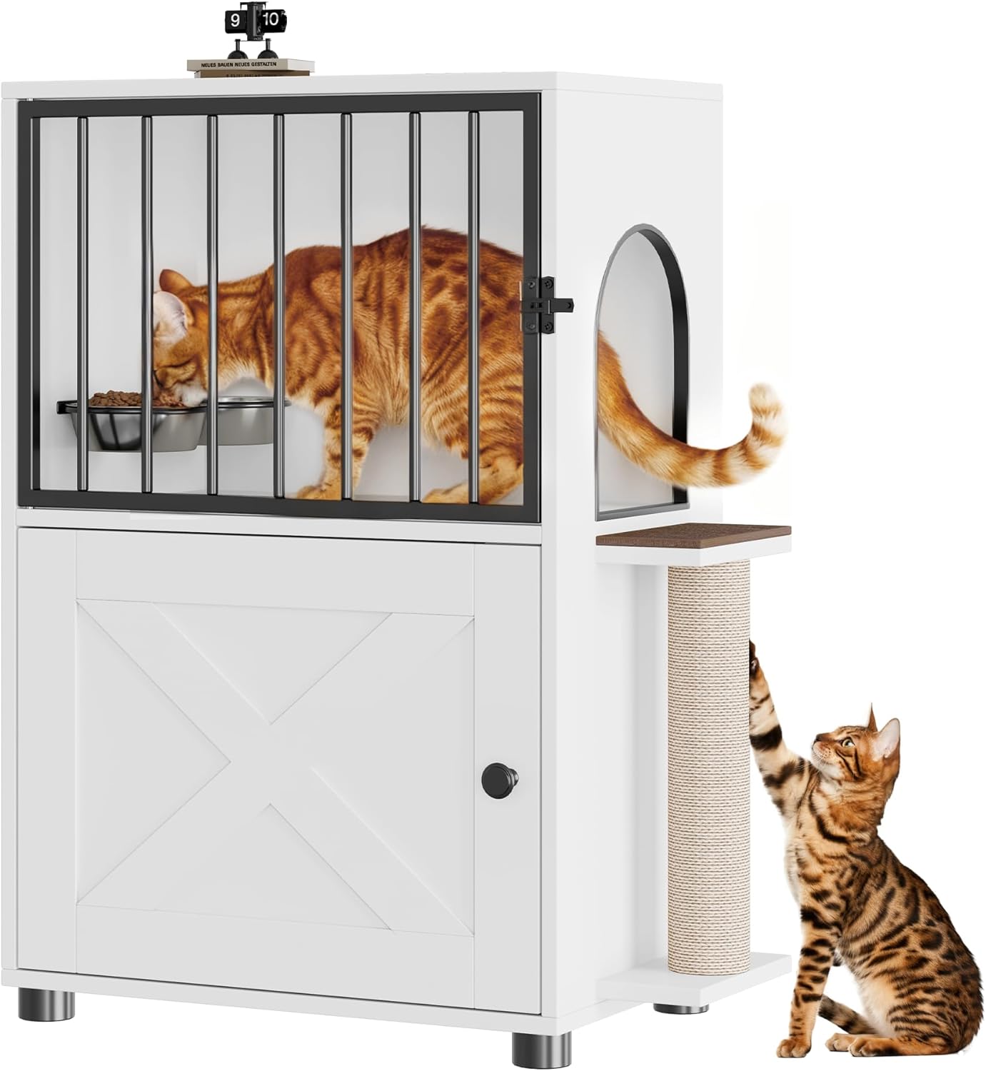 Cat Feeding Station, Dog Proof Cat Feeding Station with Scratching Post, Elevated Food Bowls with Stand, Cats Tree with Food Storage for Small Spaces, Pet House Furniture (White)