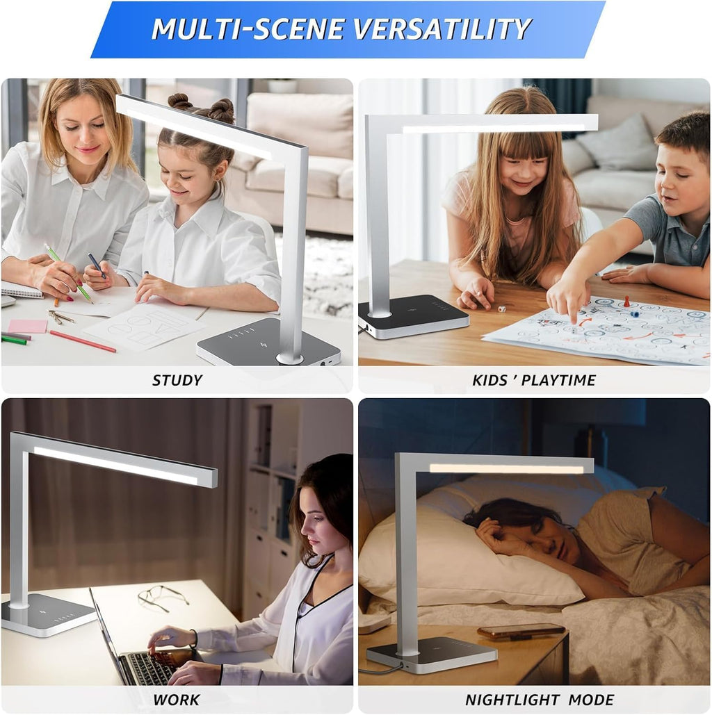 2 Pack Aluminum LED Desk Lamp with Charging Station, 15W Smart Table Lamp with Type-C Ports & 4 Color Temperature Modes(3000K-6000K), Dimmable Reading Light for Home Office(Includes Adapter)