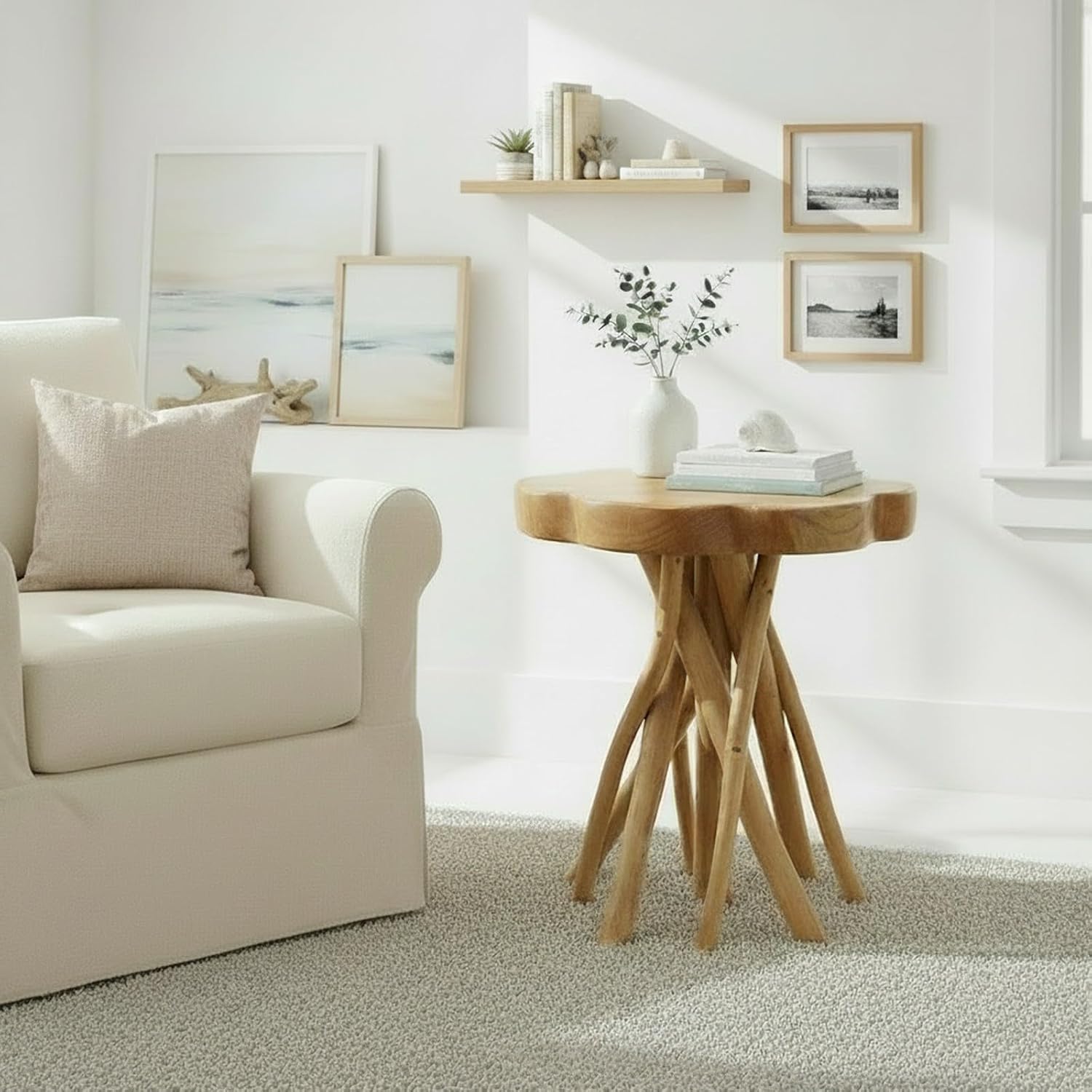 WELLAND Solid Teak Live Edge End Table, 18' L x 18' W x 20' H Unique Side Table, Small Accent Table, Plant Stand for Living Room, Bedroom, Home Office
