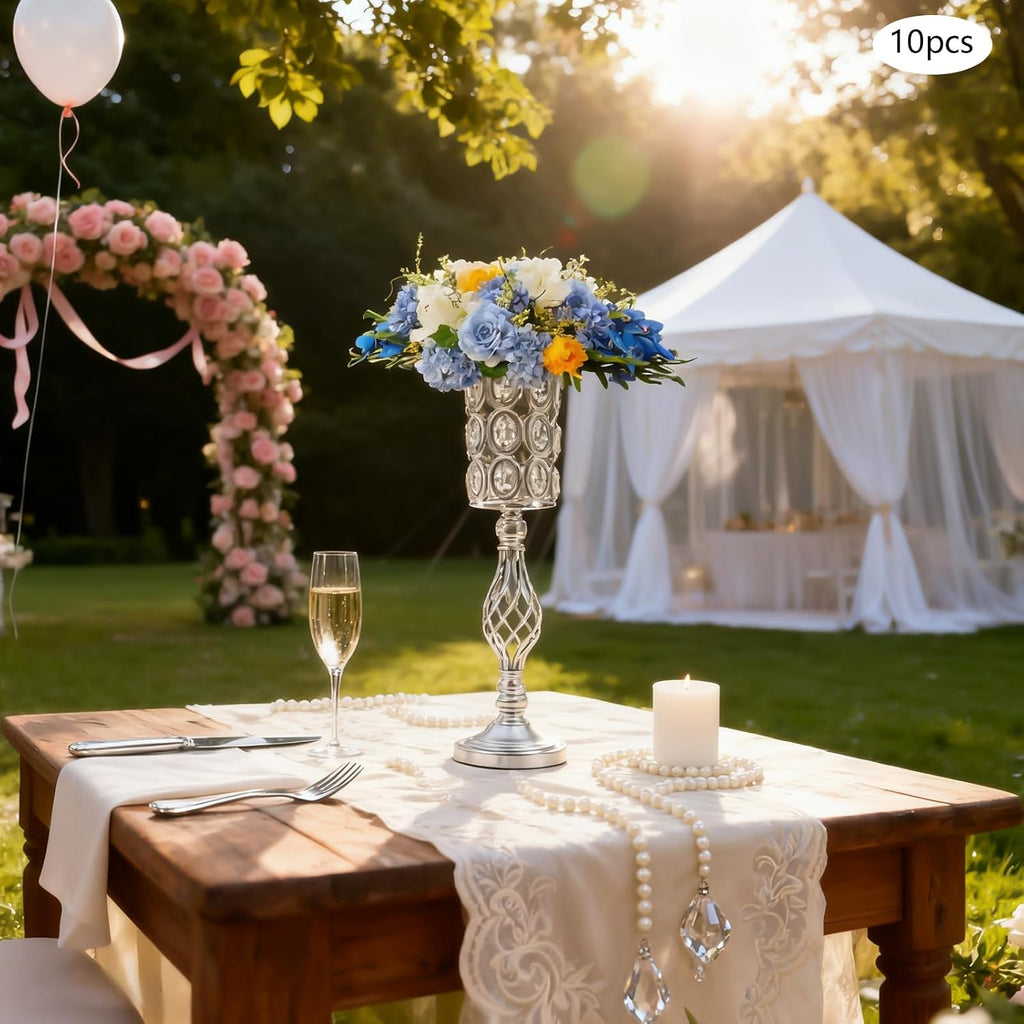 10PCS Wedding Flower Centerpieces for Tables, 61cm/24 Tall Crystal Wedding Decor Flower Stand Floral Display Rack Vases for Tables Wedding Dinner Party, Ceremony Birthday Event Decor (Silver)