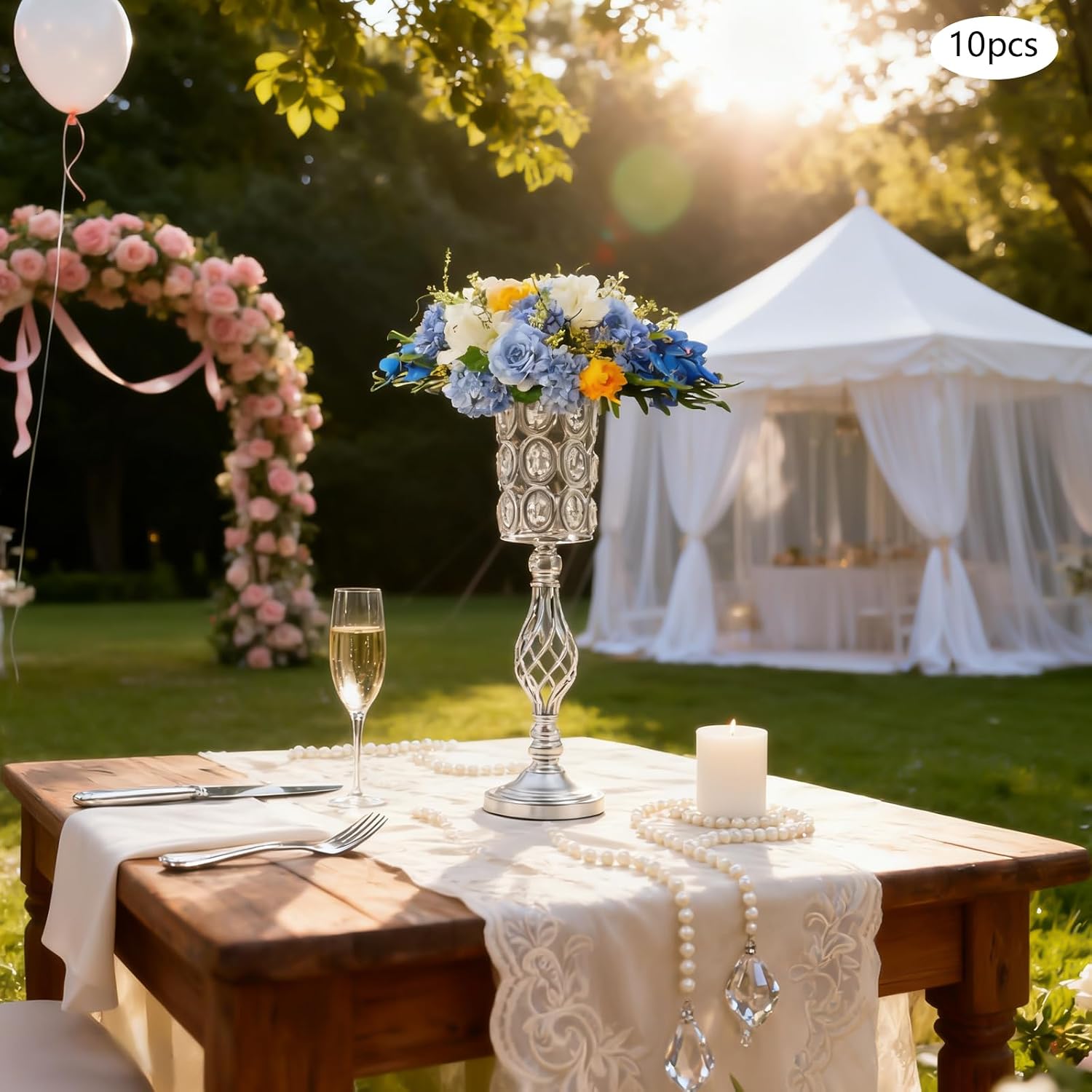 10PCS Wedding Flower Centerpieces for Tables, 61cm/24 Tall Crystal Wedding Decor Flower Stand Floral Display Rack Vases for Tables Wedding Dinner Party, Ceremony Birthday Event Decor (Silver)