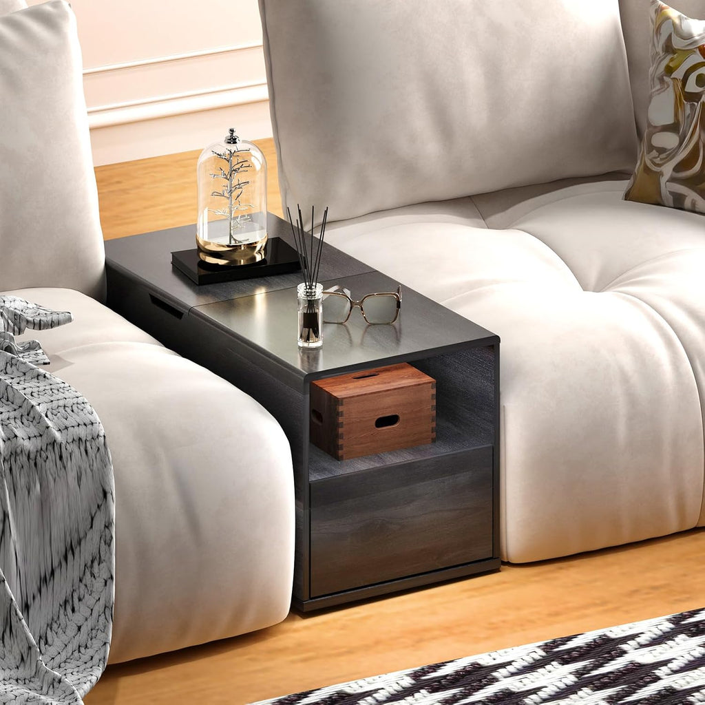 Rresyet Narrow Height Adjustable End Table for Couch with Storage, Drawer & Open Shelf, 15.8' Modern Side Table for Modular Sectional Sofa, for Living Room, Bedroom, Office (1, Black)