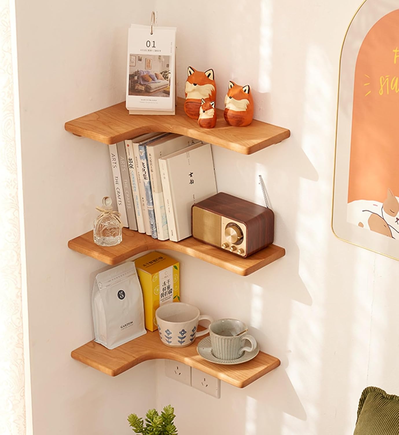 Solid Wood Wall Shelves, Floating Corner Shelves, Wall Mounted Décor for Home Decor, Bedroom, Living Room, Bathroom, Kitchen, Office,