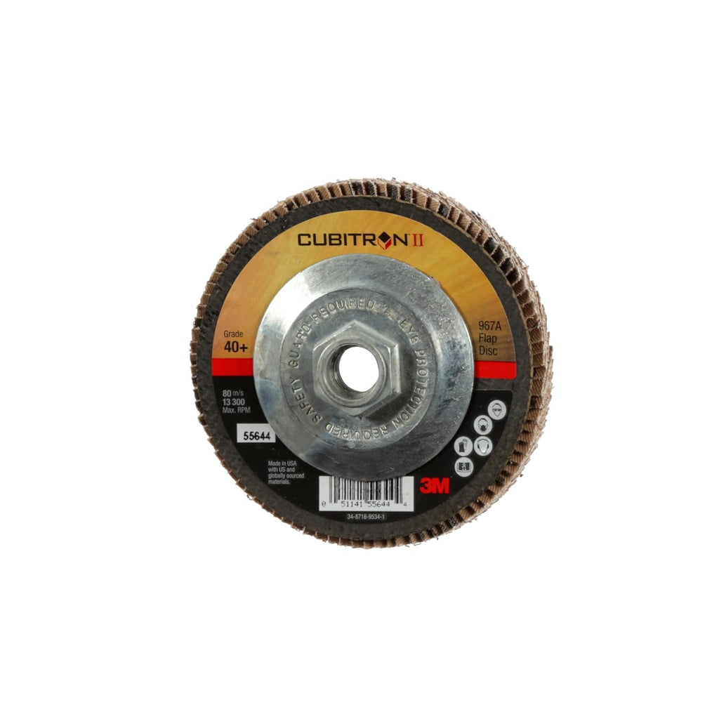 3M Cubitron II Flap Disc 967A, 40+, T29 Quick Change, 4-1/2 in x 5/8'-11, Giant, Pack of 10, Medium Pressure Applications, Light Deburring, Scale Removal, Oxide Removal, Surface Prep