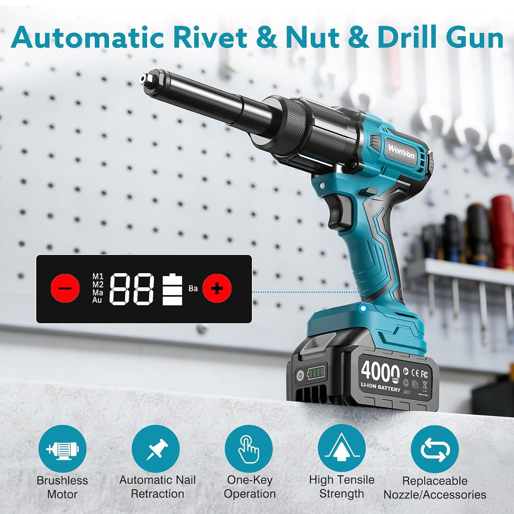 3-in-1 Cordless Electric Rivet/Nut/Drill Gun Tool for Nutsert(10/24' & 1/4' & 5/16' & 3/8'),Rivets(1/8'', 5/32'', 3/16'),Drill(3/16', 7/32', 1/4', 5/16'), Portable Battery Powered Pop Rivet Nut Drill