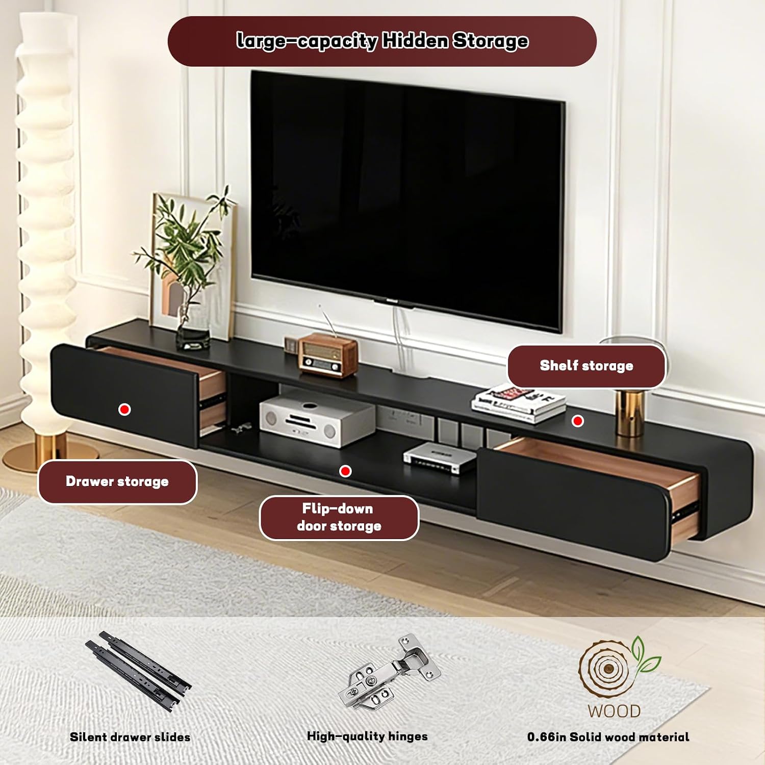 FPIGSHS Wall Mounted Media Console with 2 Drawers Solid Wood Floating TV Stand Hanging TV Shelf Entertainment Center TV Cabinet, for Home Office (A, 160cm/63in)