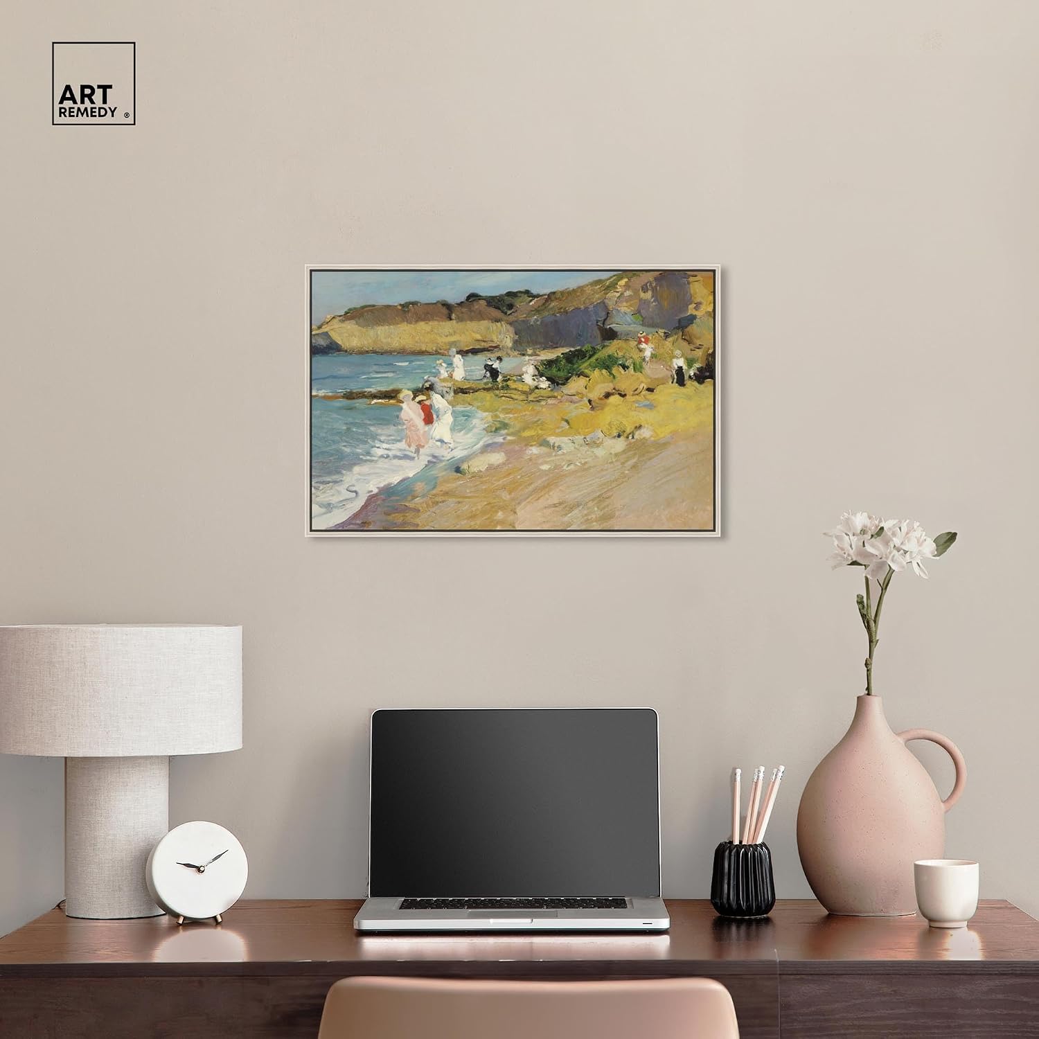 Art Remedy Classic Landscape Canvas, 24' x 16', Silver Frame, Rocks at the Lighthouse