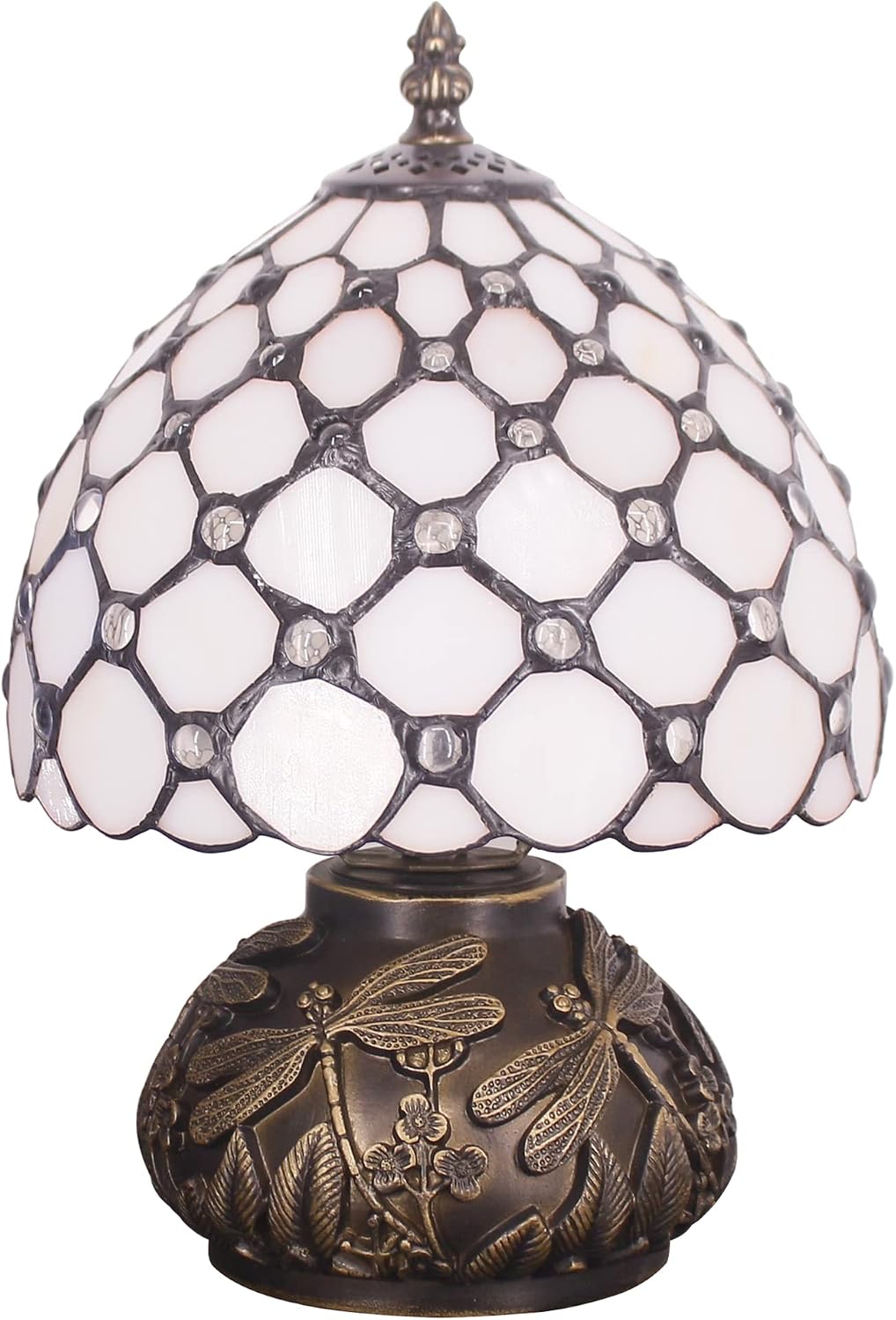 Small Tiffany Lamp Mini Stained Glass Table Lamp Cream Pearl Beads Style Mushroom Desk Light Memory Sympathy Lamp 8X11 Inch