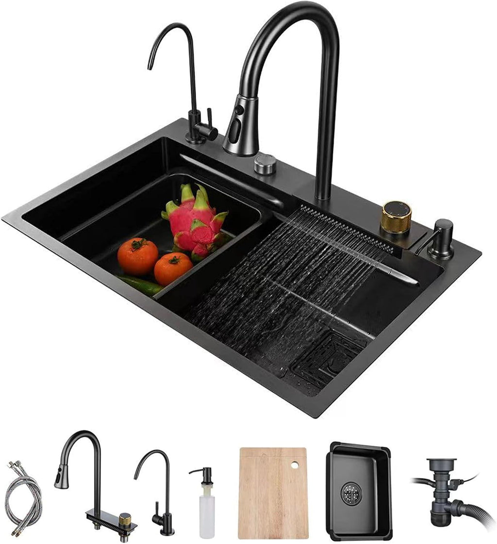 JATIBOSH Stainless Steel Raindance Waterfall Kitchen Sink Set Single Bowl Sink Workstation, with Vegetable Basin,Pull-Out Faucet, and Pressurized Cup Washer (Color : BK, Size : 68x45CM)