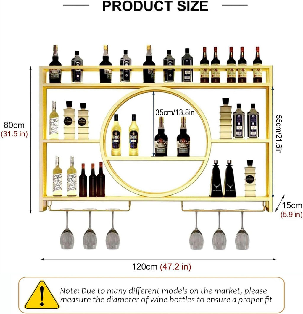 Wine Rack Wall Mounted with LED Light, 3-Tier Metal Bar Shelves for Liquor Bottles with Wine Glass Holder, Modern Large Capacity Liquor Display Shelf for Home Bar, Dining Room, Kitchen (Gold, 47.2in)