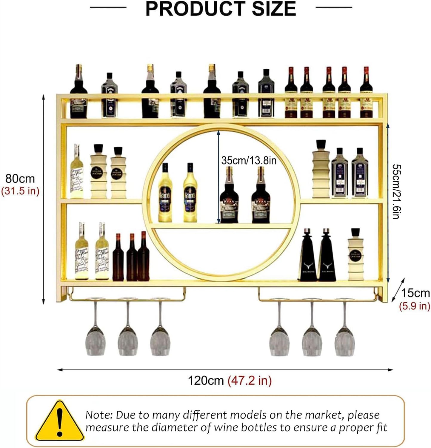 Wine Rack Wall Mounted with LED Light, 3-Tier Metal Bar Shelves for Liquor Bottles with Wine Glass Holder, Modern Large Capacity Liquor Display Shelf for Home Bar, Dining Room, Kitchen (Gold, 47.2in)