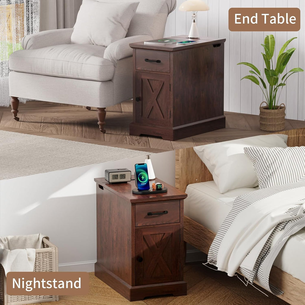 HOMMPA Farmhouse End Table with Charging Station Set of 2, 23.6'' Narrow Side Table with Barn Door Roman Column Design, Rustic Wood Sofa Side Table with Drawer & Cabinet for Living Room, Maroon Brown