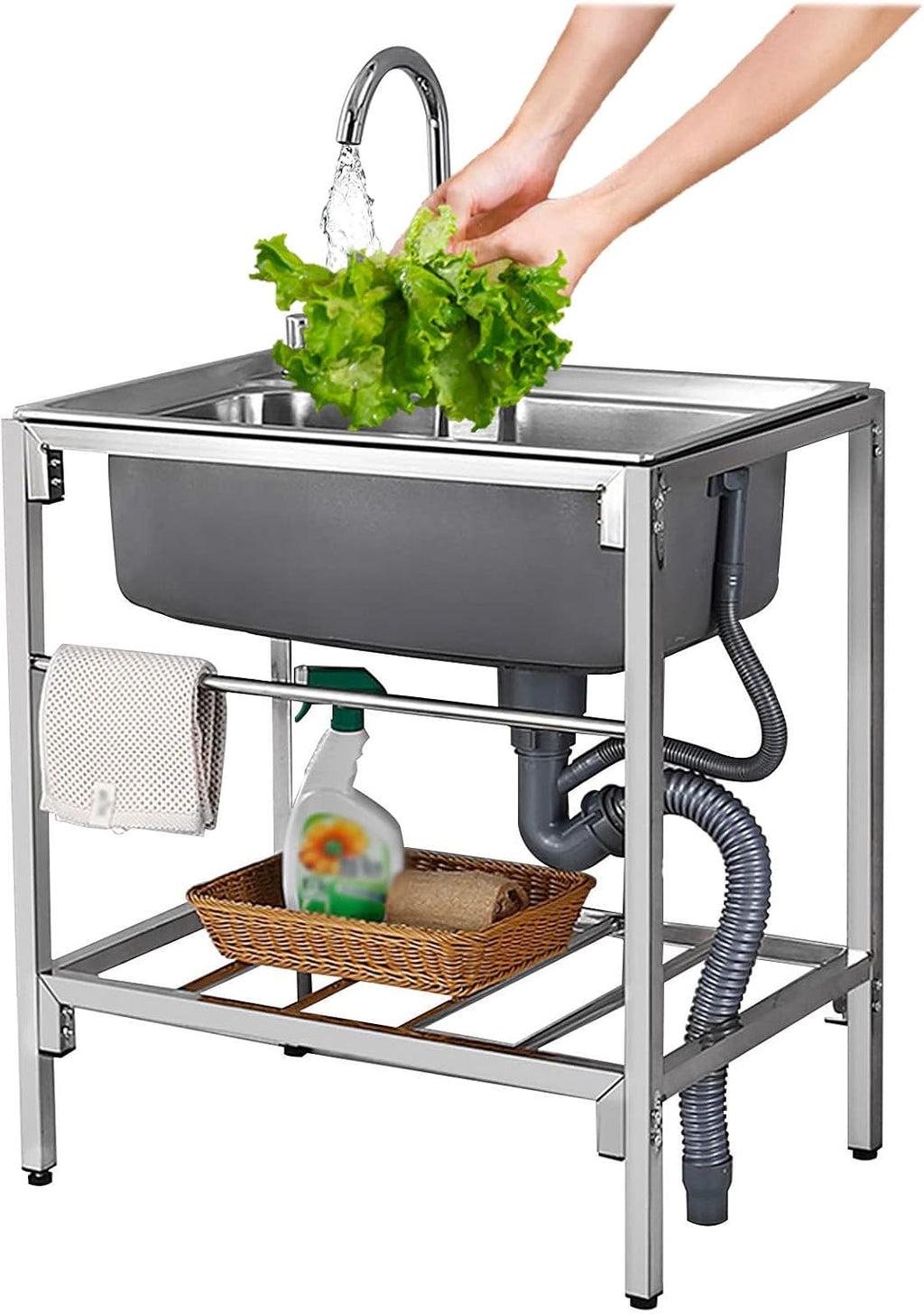 1 Compartment Single Bowl Sink Stainless Steel Commercial Kitchen Prep Utility Sink Free Standing Laundry Tub with Faucet and Storage Shelves, Fit for Restaurant Kitchen