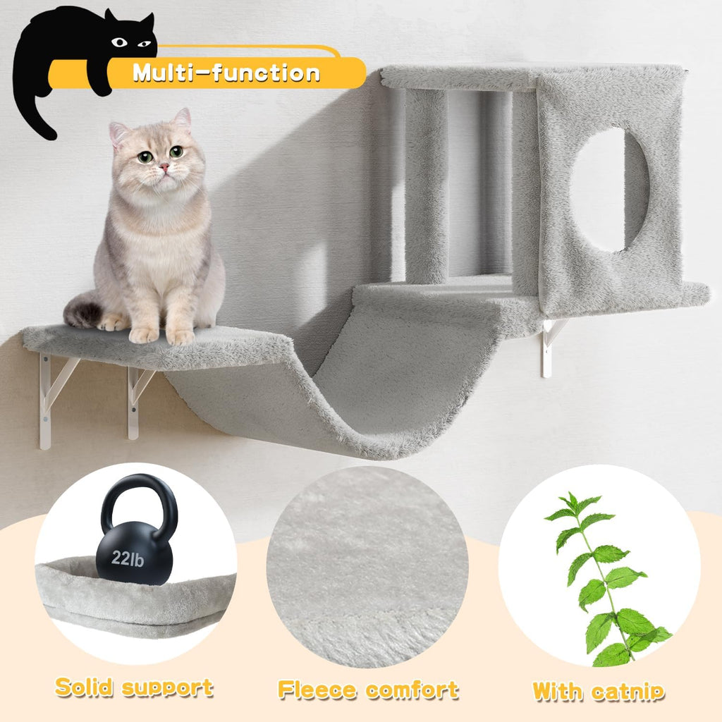 12-in-1 Cat Wall Shelves, Wall Mounted Cat Climber with Condo House, Scratching Post, Bridge Ladder, Space-Saving Indoor Play Furniture for Kittens, Gray