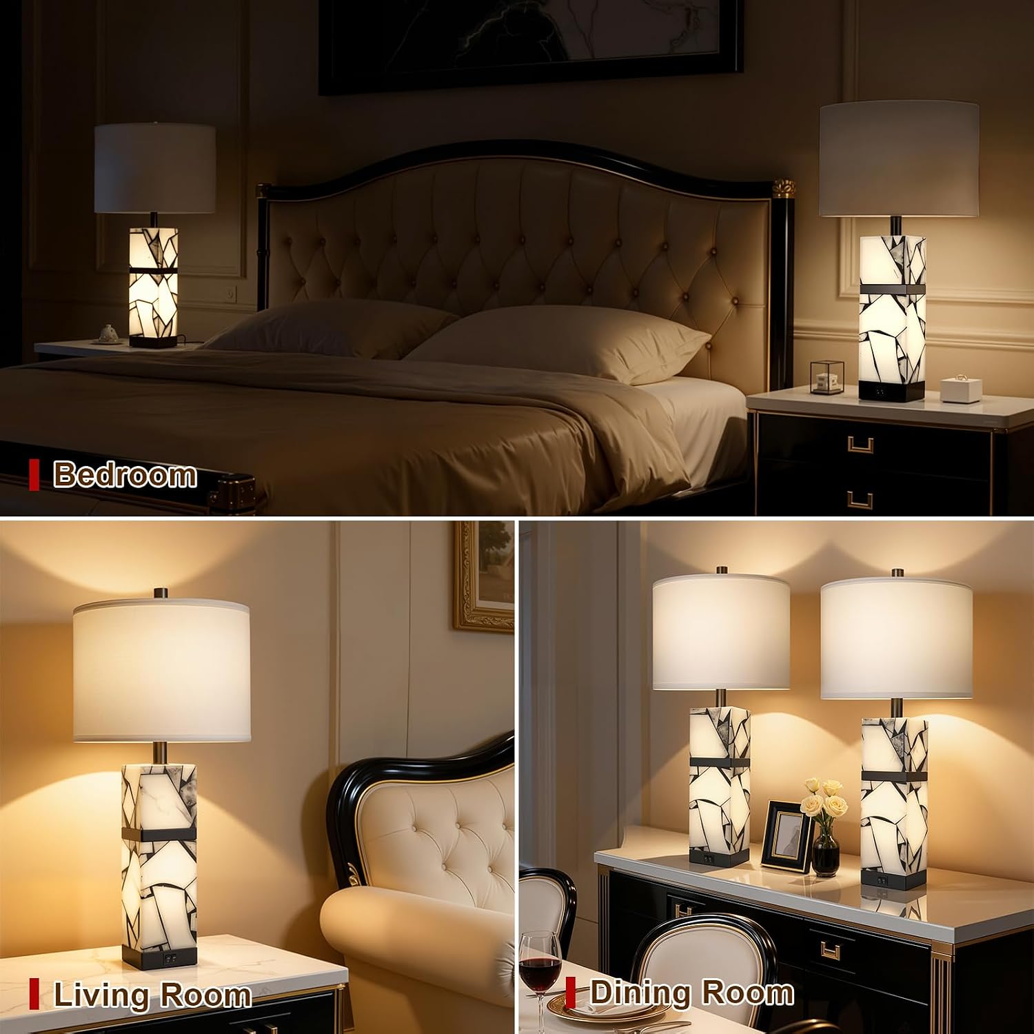Scenekoy 27' Alabaster Table Lamps Set of 2 with Night Light for Living Room Bedroom, Nightstand Lamps with Linen Shade, Modern Bedroom Lamps with USB A+C Ports for Living Room Office (Bulb Included)