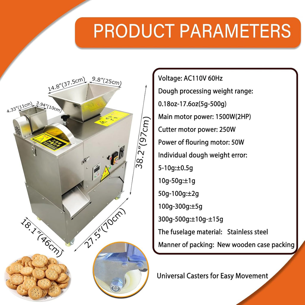 Electric Dough Divider Cutter Machine, Stainless Steel, 110V | Multifunctional Quantitative Partition, For Bread Bagel Cookie Noodle, 5g-500g Capacity