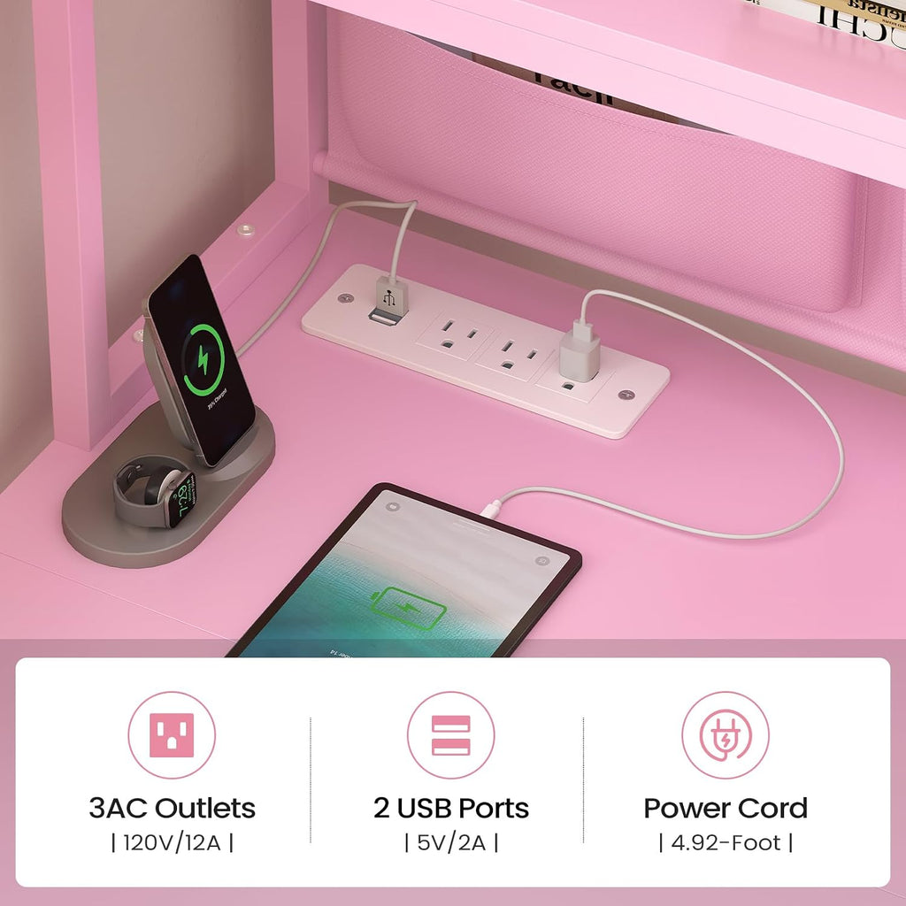 SEDETA L Shaped Gaming Desk, Home Office Computer Desk with 2 Drawer and Bookshelf, L Shaped Gaming Desk with LED Light, Glass Cabinet and Storage Bag, Corner Desk with Storage Shelves, Pink