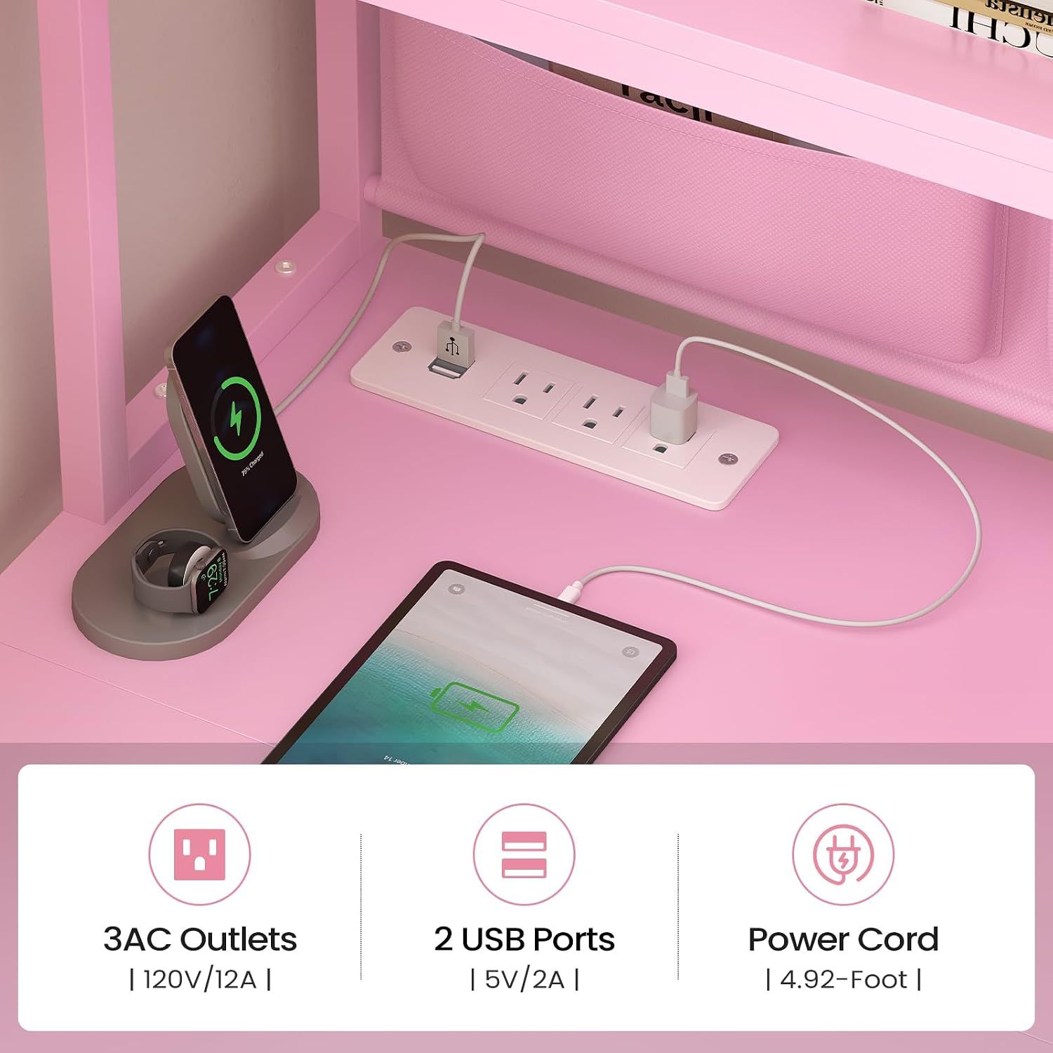 SEDETA L Shaped Gaming Desk, Home Office Computer Desk with 2 Drawer and Bookshelf, L Shaped Gaming Desk with LED Light, Glass Cabinet and Storage Bag, Corner Desk with Storage Shelves, Pink