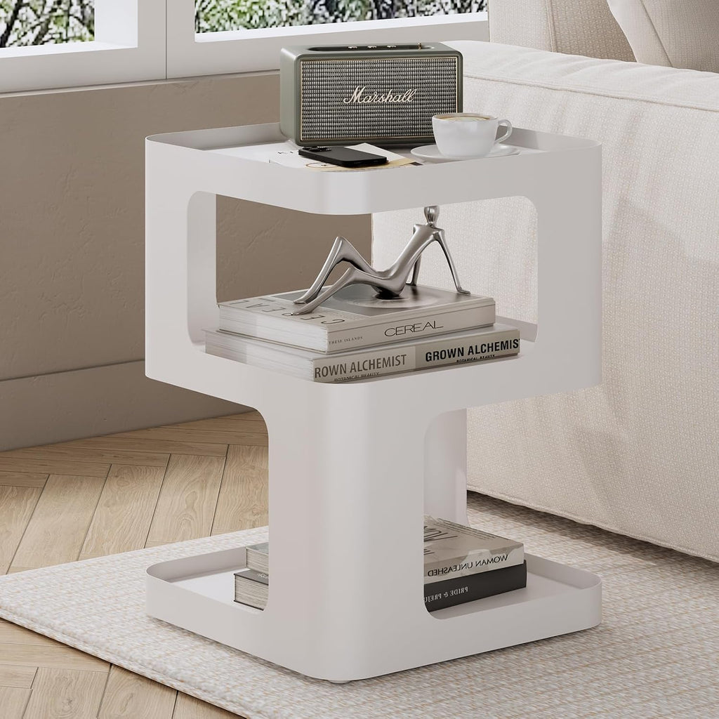 Modern Side Table for Sofa & Couch,White Metal Bedside Table,3 Tier end Tables with Storage for Living Room & Bedroom,Compact Nightstand for Small Spaces,No Assembly Required