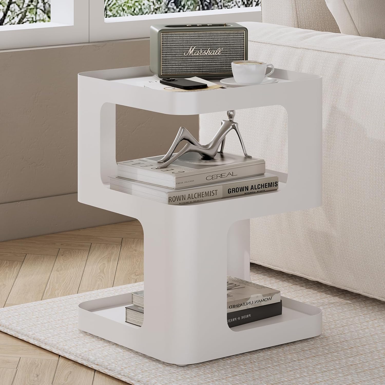 Modern Side Table for Sofa & Couch,White Metal Bedside Table,3 Tier end Tables with Storage for Living Room & Bedroom,Compact Nightstand for Small Spaces,No Assembly Required