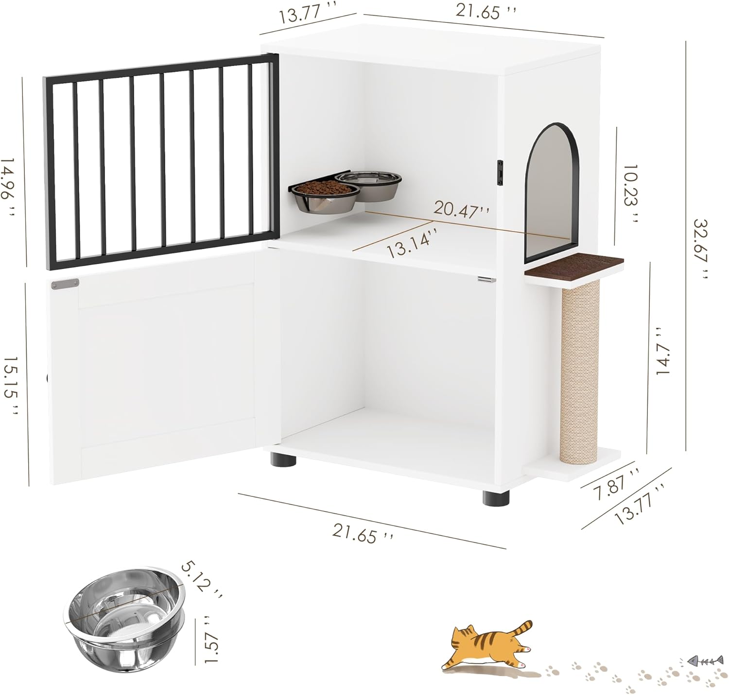 Cat Feeding Station, Dog Proof Cat Feeding Station with Scratching Post, Elevated Food Bowls with Stand, Cats Tree with Food Storage for Small Spaces, Pet House Furniture (White)