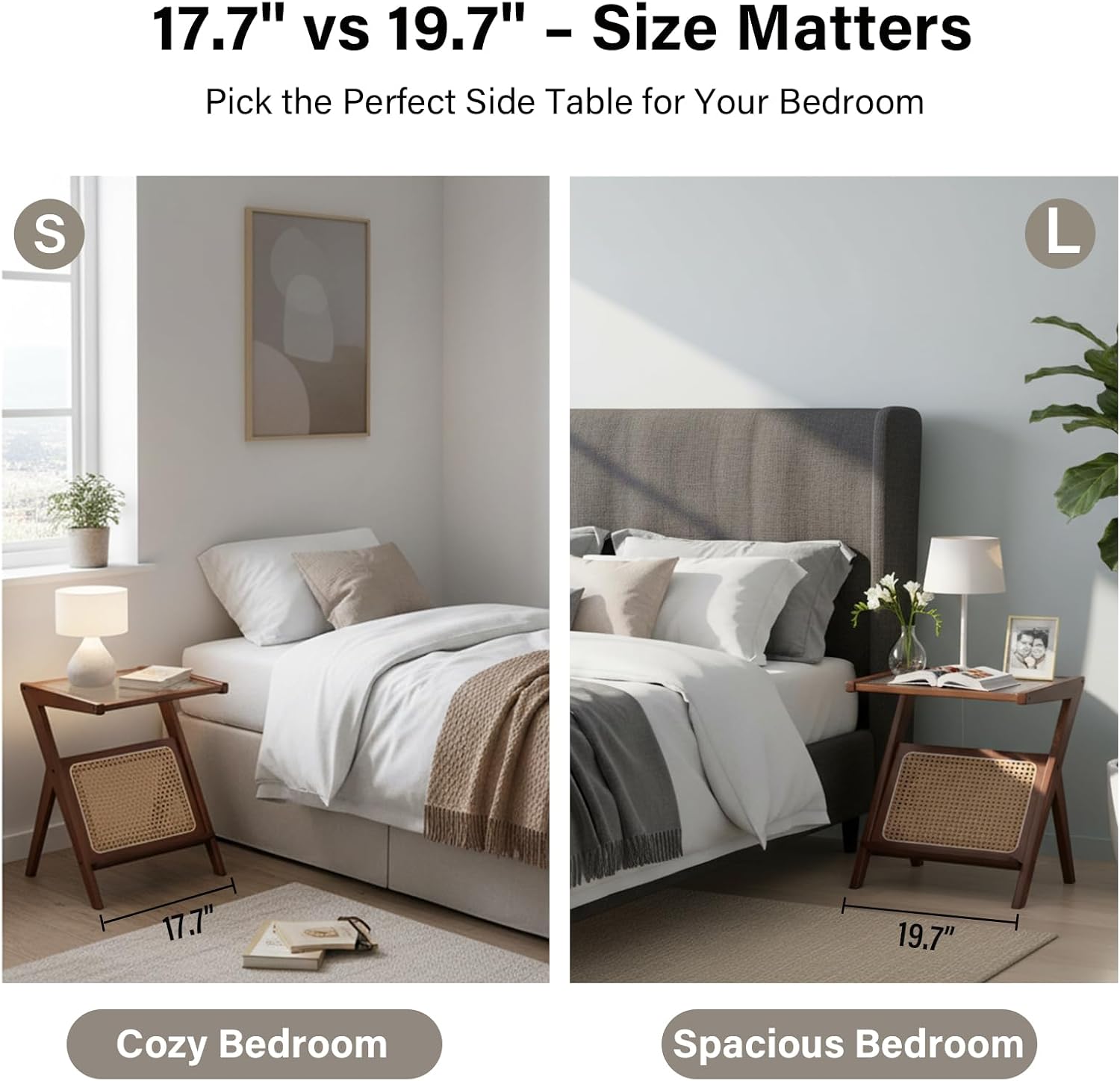 Tiita 2 Pack Rattan Side Table, Mid Century Nightstand, Bamboo Accent Bedside Tables, Glass Coffee Tables, Boho Wooden End Table with Storage for Small Space, Living Room and Bedroom
