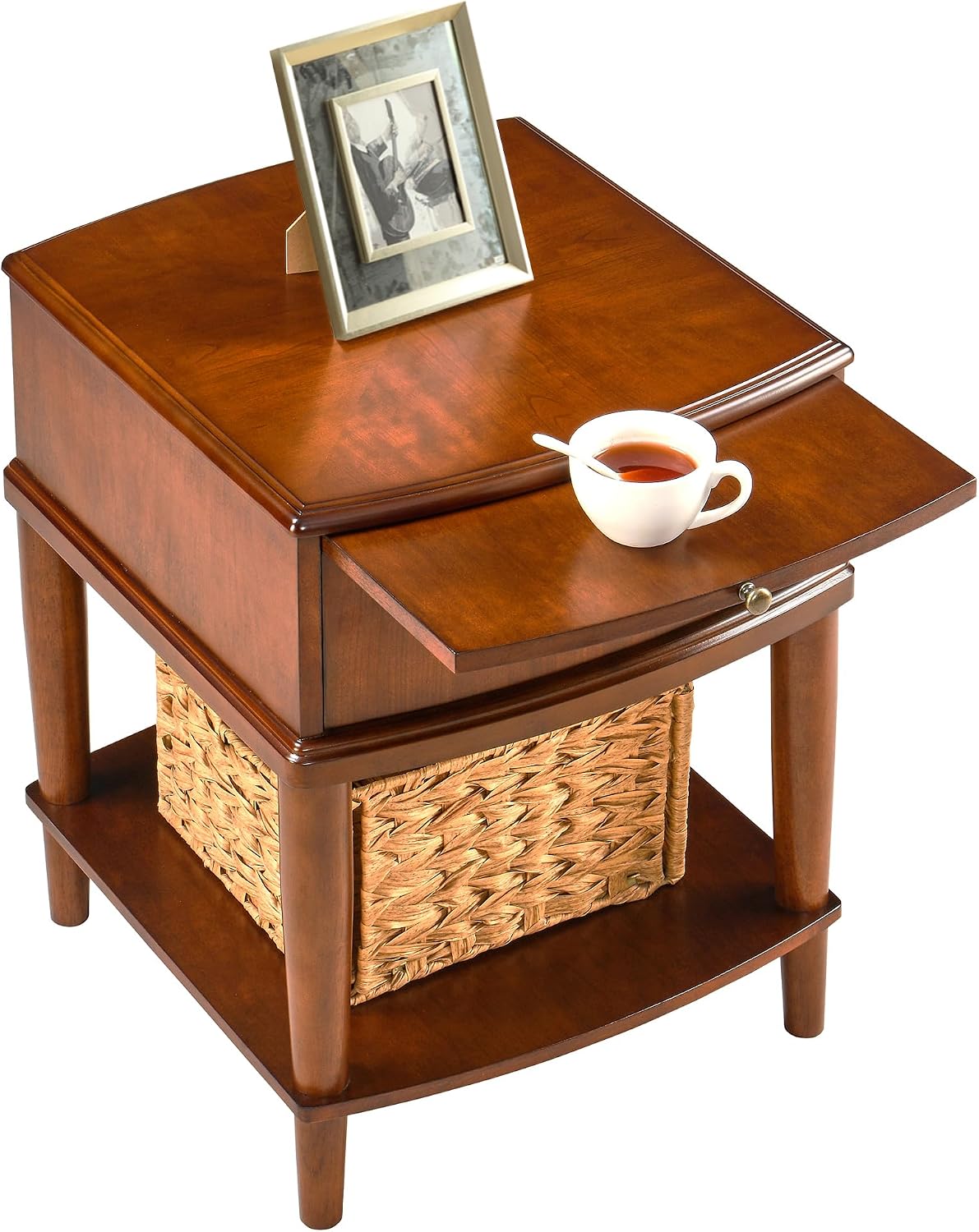 2 Tier Solid Wood Square End Table with Drawer, Wooden Sofa Side Table with Pull-Out Tray & Lower Shelf, Nightstand Bedside Table for Living Room Bedroom, 19.7x17.7x22.8in
