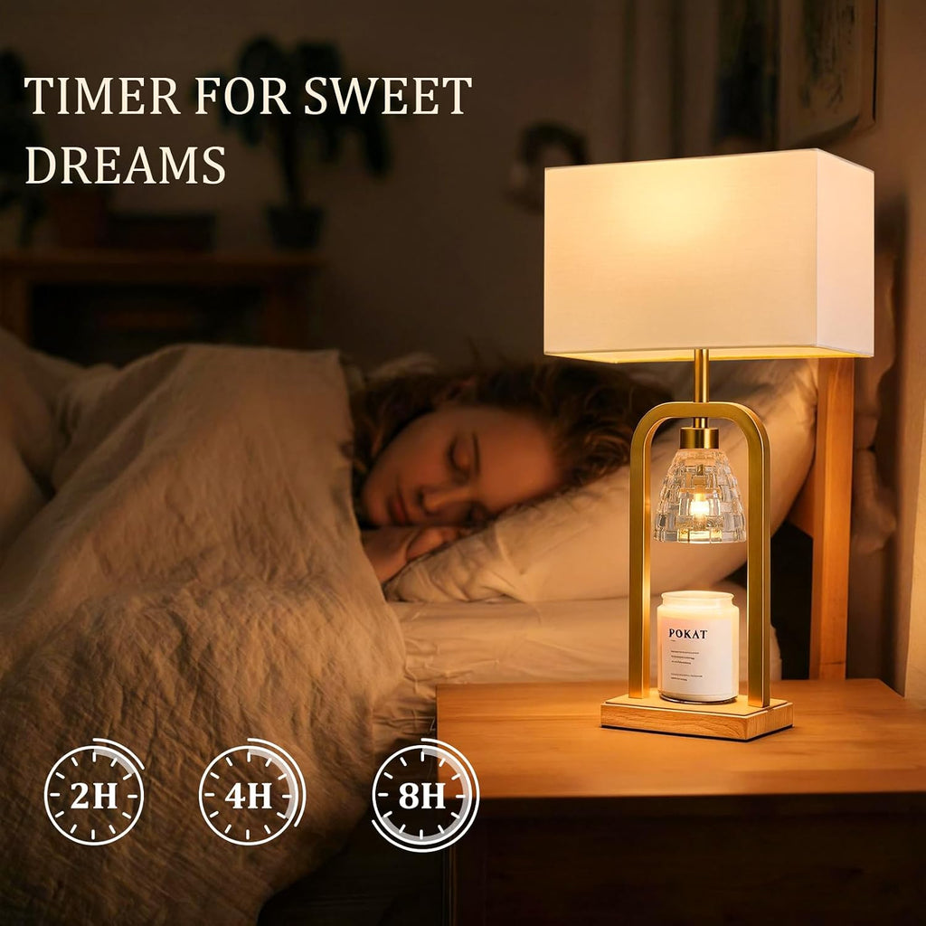PoKat Electric Candle Warmer Lamps Gold, Lamp Candle Warmers with Timer Dimmer, Wax Light Warming Table Lamps Set of 2 for Jar Candles, Modern Bedside Lamp for Home Decor Living Room, Bulb Included
