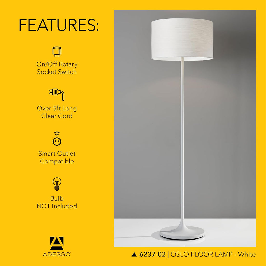Adesso Floor Lamp with Scratch Proof and Corrosion Resistant Body - Perfect Lighting for Bedroom, Living Room and Corner Decor, Matte White