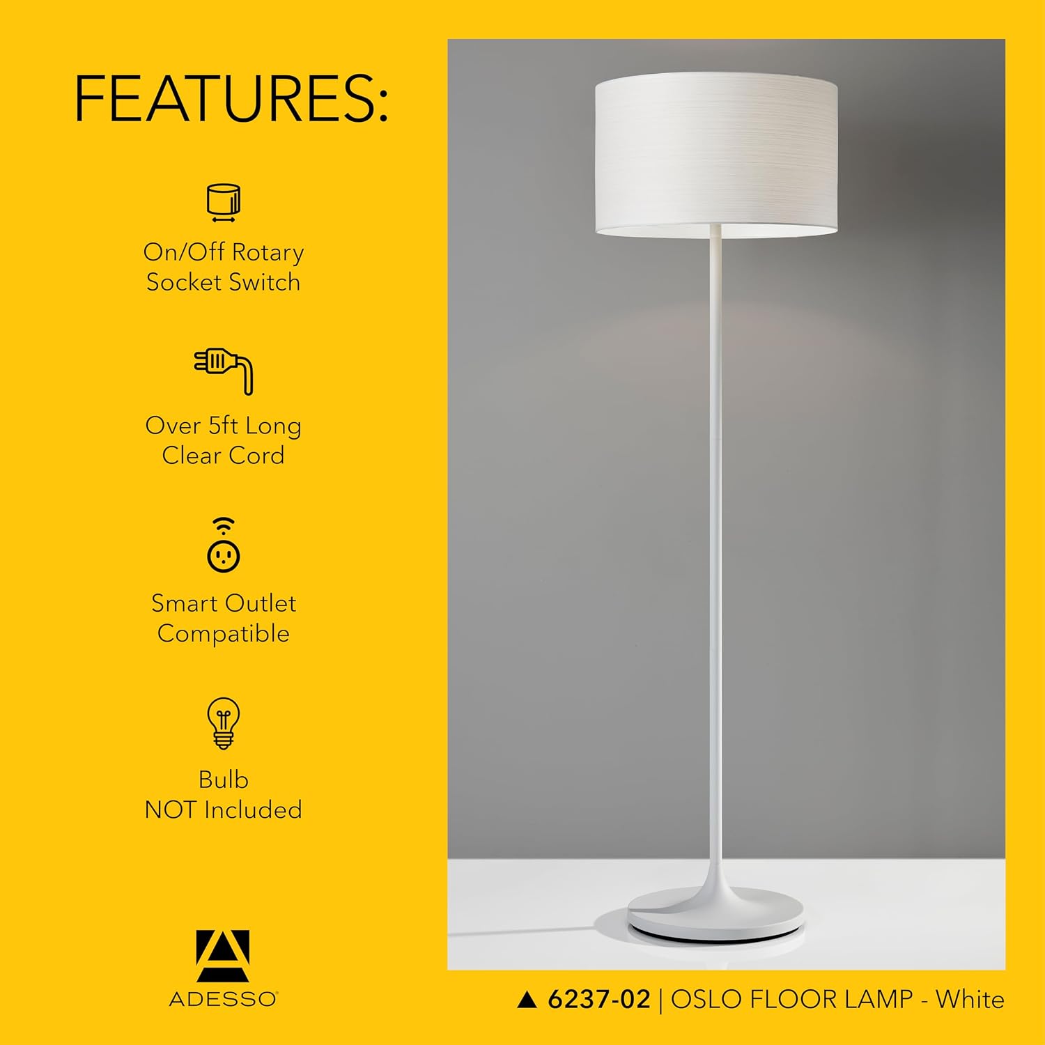 Adesso Floor Lamp with Scratch Proof and Corrosion Resistant Body - Perfect Lighting for Bedroom, Living Room and Corner Decor, Matte White