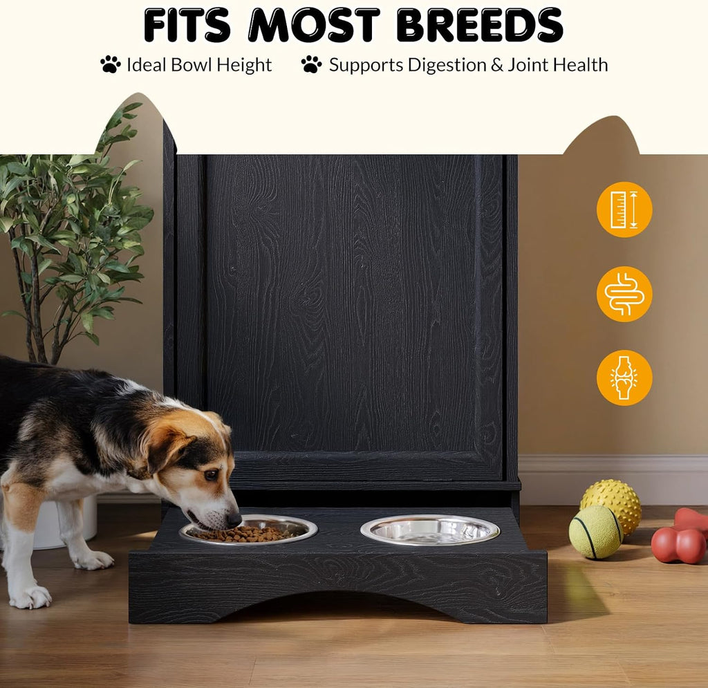Tilt Out Trash Can Cabinet with Dog Bowl, 10 Gallons Dog Feeding Station with Storage, Dog Food Cabinet with Hideaway Drawer for Kitchen, Living Room,Laundry Room