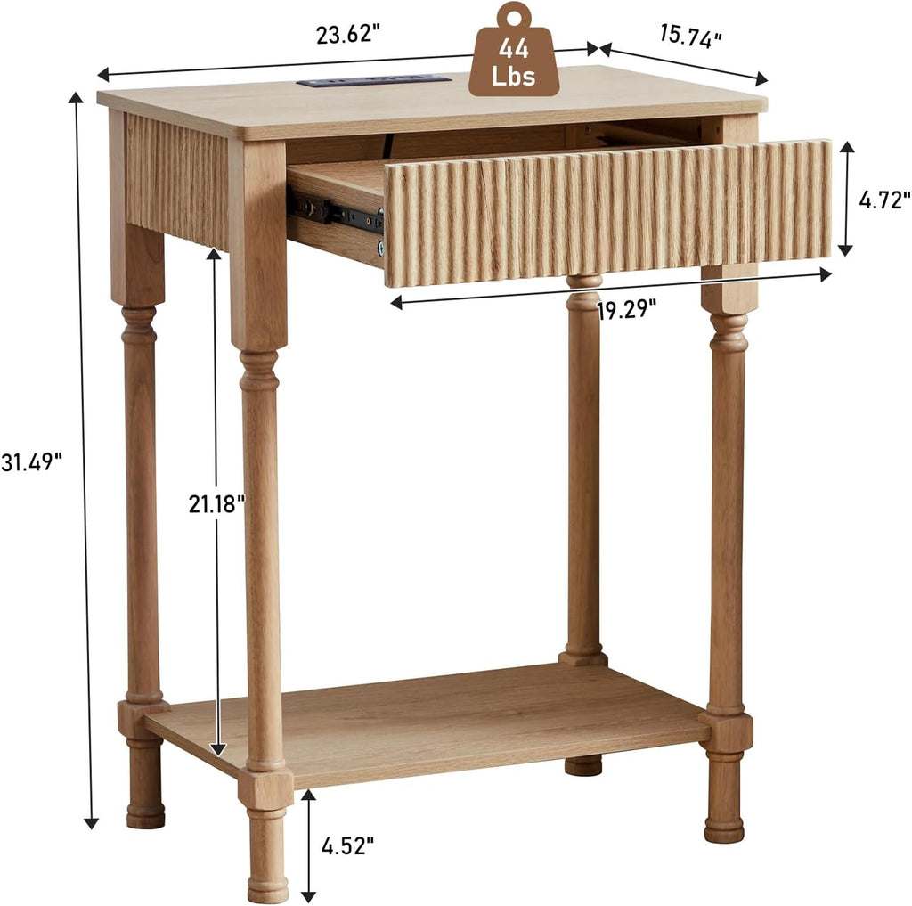 23.6' Large End Table with Charging Station, Set of 2, Modern Farmhouse Side Table with Drawer&Open Shelf, Fluted Wood Bedside Table Sofa Tables Night Stand for Bedroom Living Room Home Office,Natural