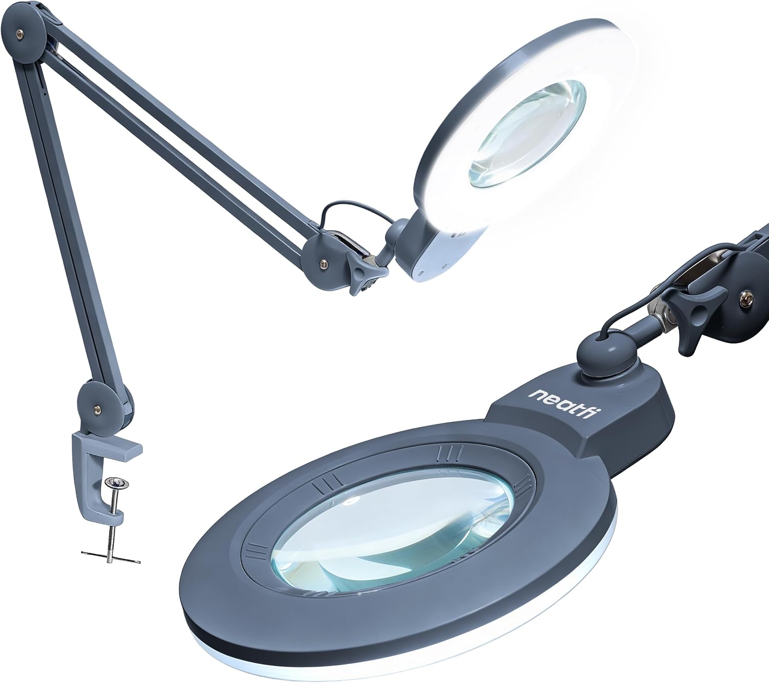 Neatfi XL Bifocal LED Magnifying Lamp, 7' Acrylic Lens, 2.25X/6X Magnification, 1,600 Lumens Dimmable | Hands-Free Close Work | Crafting, Jewelry & Reading (Gray, 7-inch Lens, Non-CCT with Clamp)