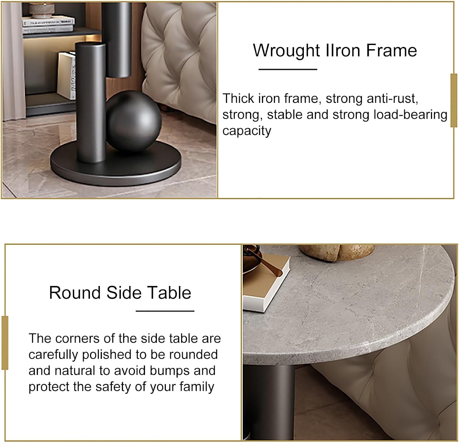 Round Side Table, Accent End Table, Sofa Side Table, Small Drink Table, Great for Living Room, Bedroom, Indoor & Outdoor (Color : Black+Gold, Size : 45x55cm)