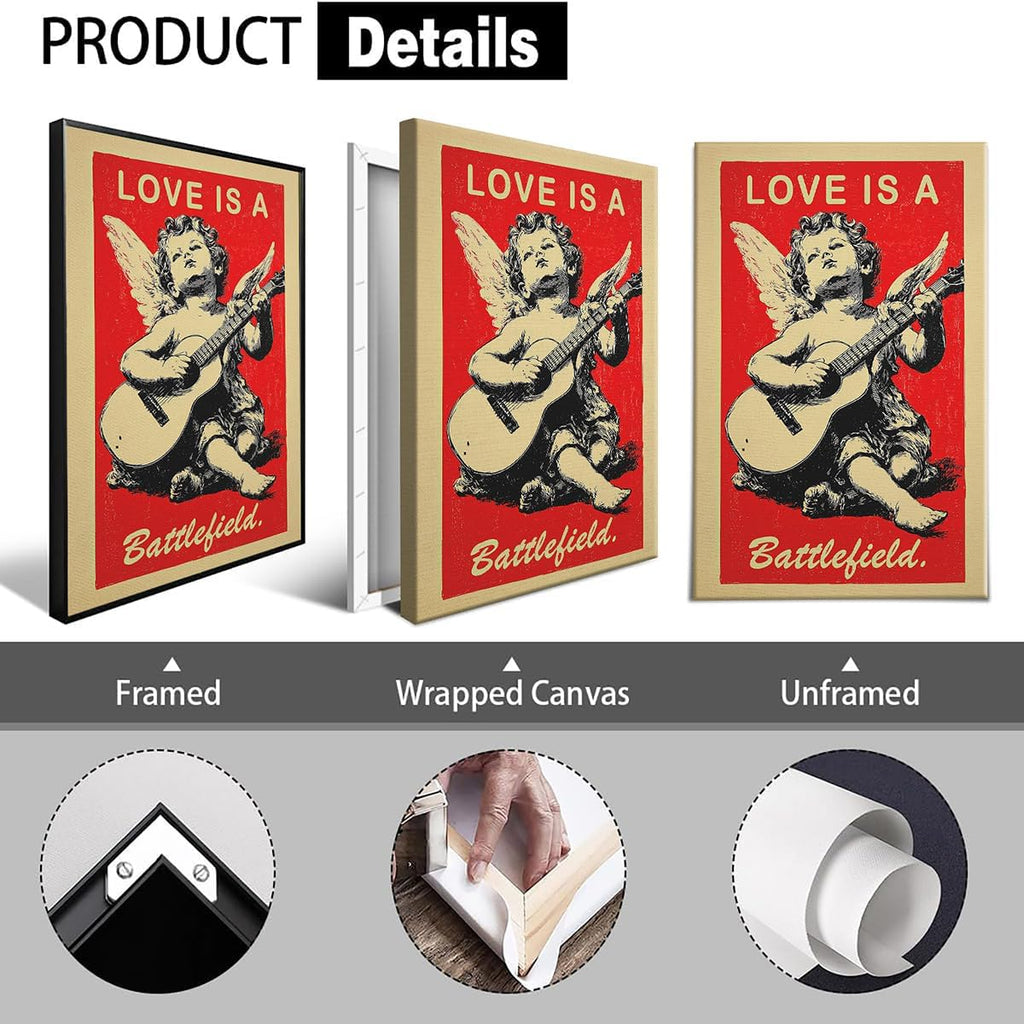 Love Is A Battlefield Framed Poster Angelic Musician Playing Acoustic Guitar Canvas Wall Art Valentine'S Day Prints Painting For Home Bedroom Dorm Wall Decor 24x36in Framed