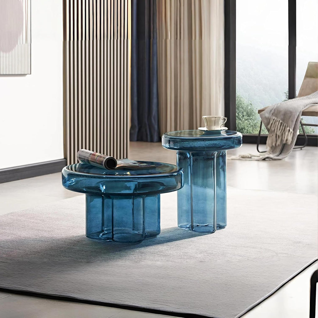 Coffee Table, Round Glass Side Table for Living Room, Modern Small End Table with Tempered Glass Top (Grey Green, 14.96') (Blue, 21.65in*12.6in)