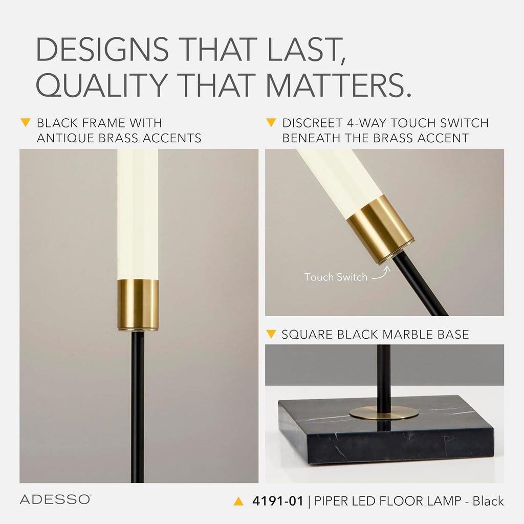 Adesso LED Floor Lamp – Black with Antique Brass and Frosted Shade, 4-Way Brightness, 12W Integrated LED Accent Light for Living Room, Bedroom, and Home Office, 72' Tall