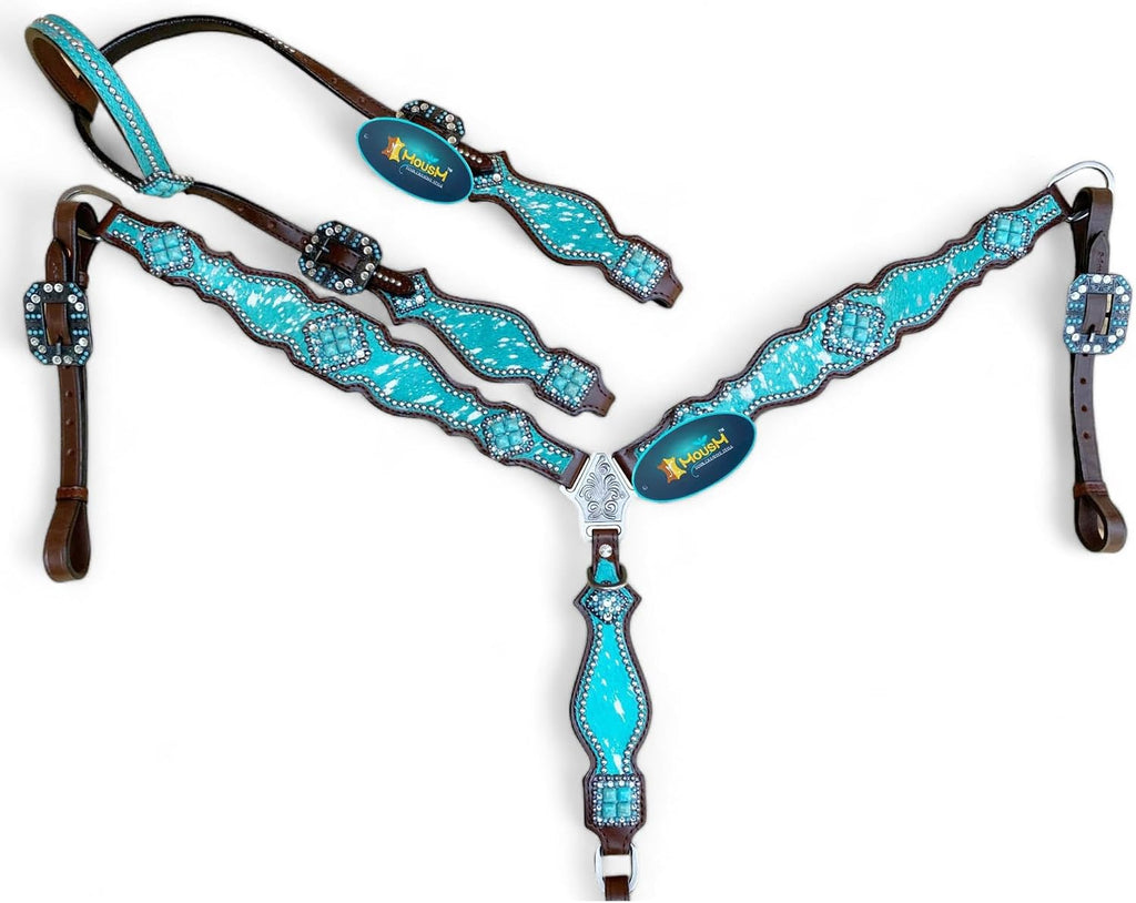 Western Leather Headstall & Breast Collar Set for Horses - Valentine's Day Silver Metallic Cowhide with Rhinestones